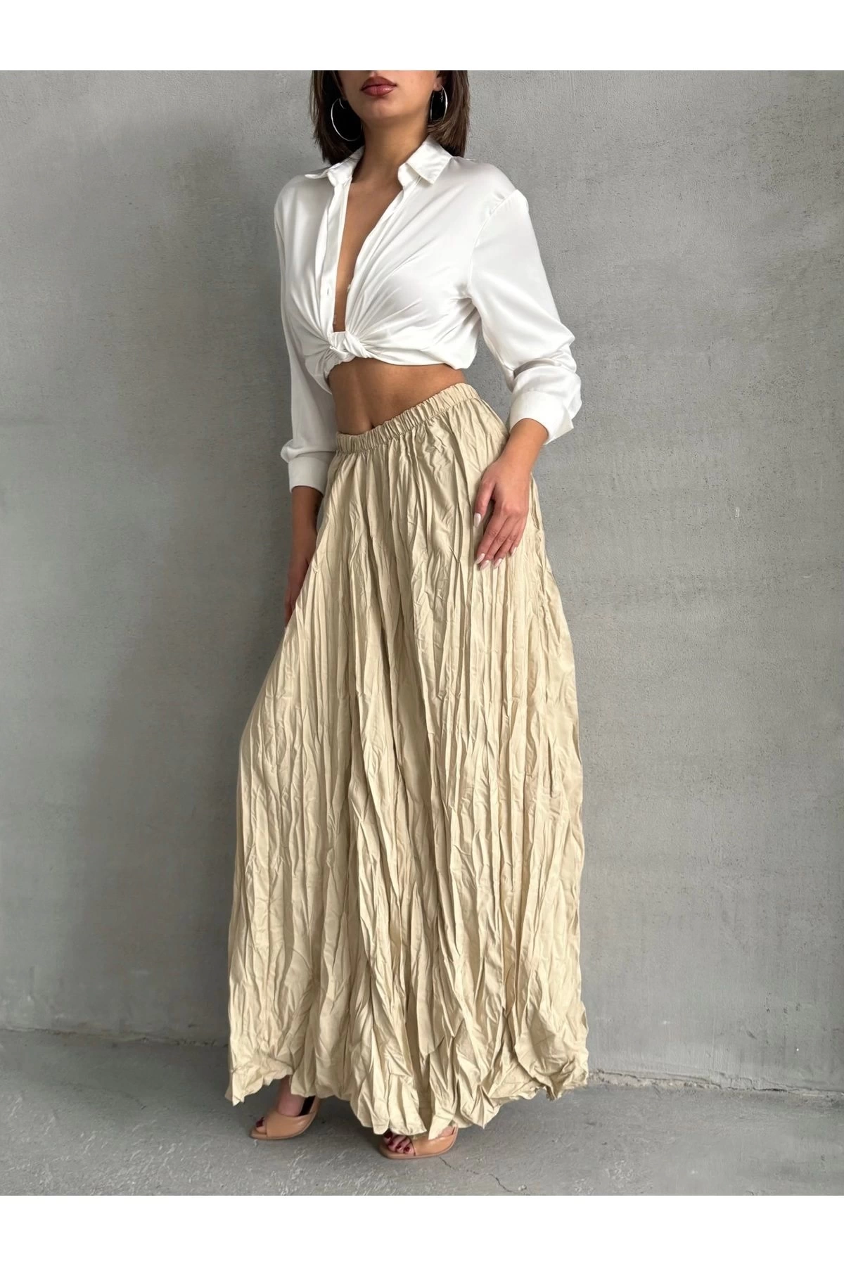 Kadın Krem Yüksek Bel Kırışık Model Midi Boy Etek