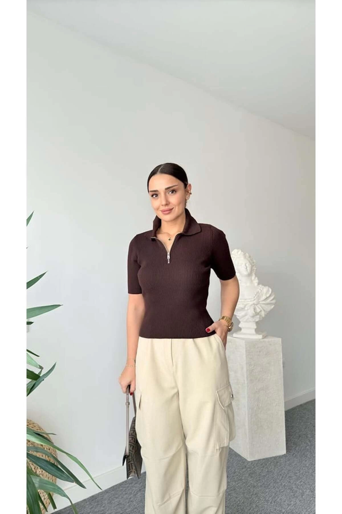 Kadın Bordo Yarım Fermuarlı Esnek Premium Kalite Polo Yaka Triko Bluz
