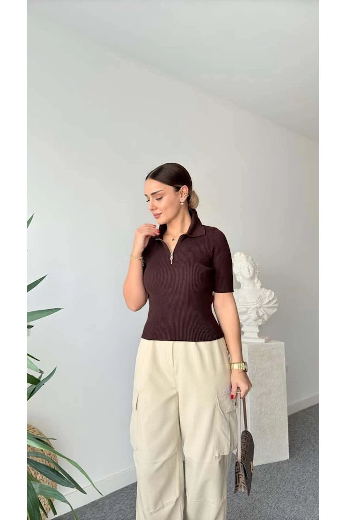 Kadın Bordo Yarım Fermuarlı Esnek Premium Kalite Polo Yaka Triko Bluz
