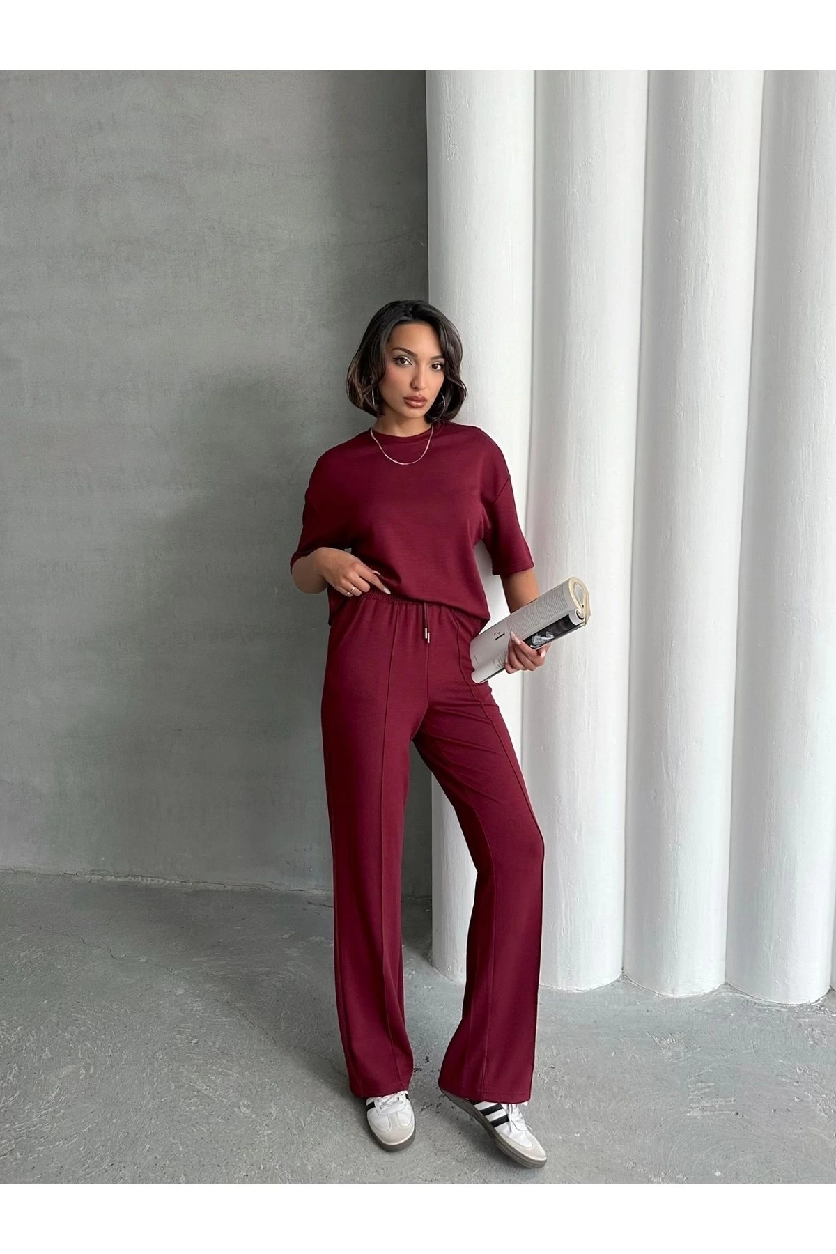 Kadın Bordo Yumuşak Modal Kumaş Kısa Kol Pantolon Bluz Alt Üst İkili Takım