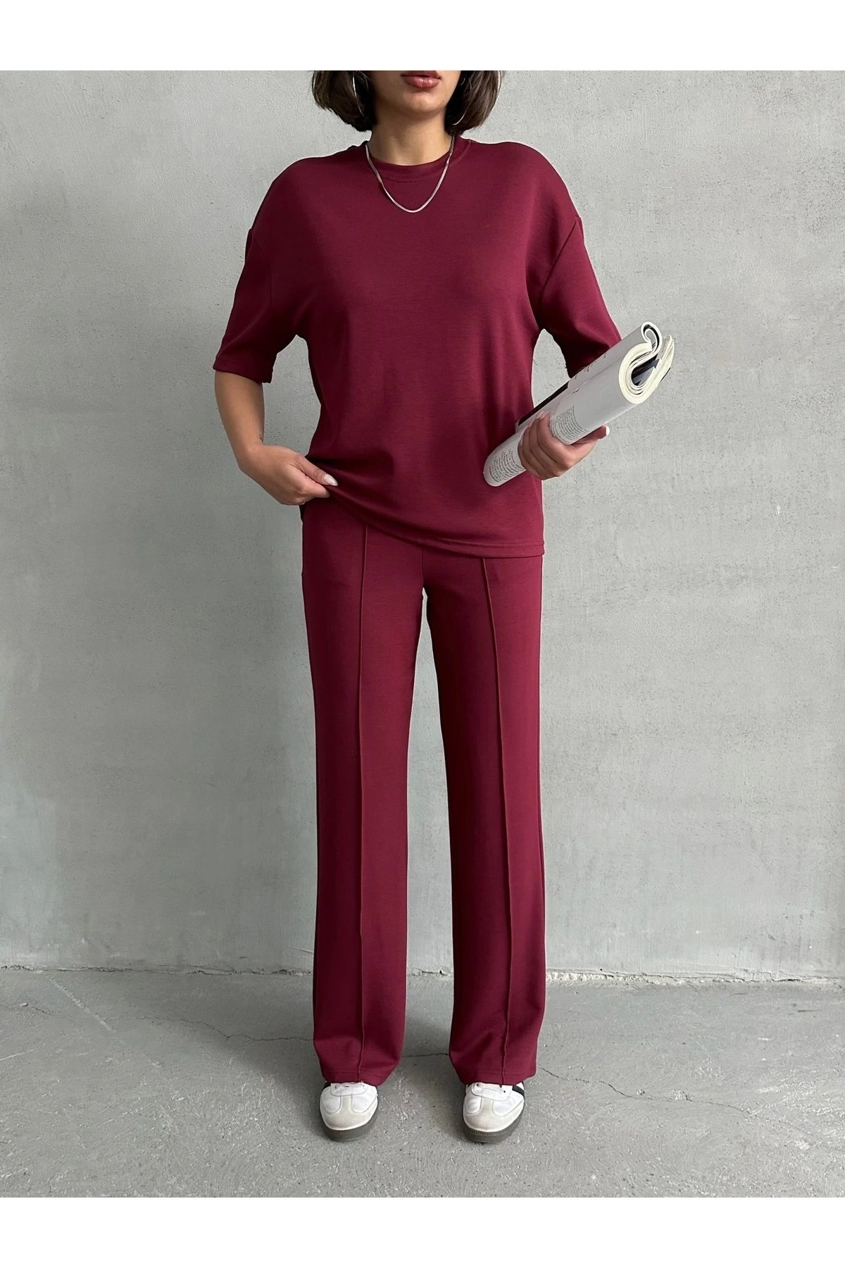 Kadın Bordo Yumuşak Modal Kumaş Kısa Kol Pantolon Bluz Alt Üst İkili Takım