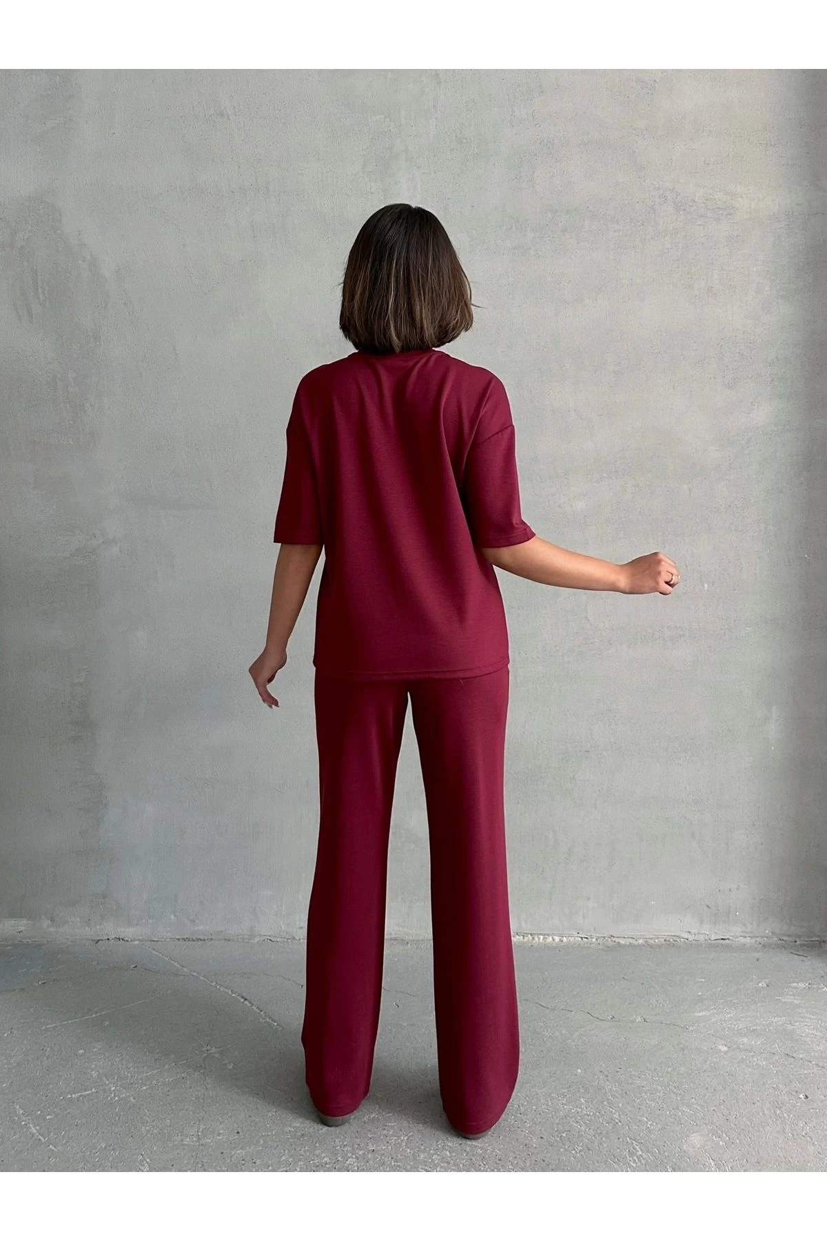 Kadın Bordo Yumuşak Modal Kumaş Kısa Kol Pantolon Bluz Alt Üst İkili Takım
