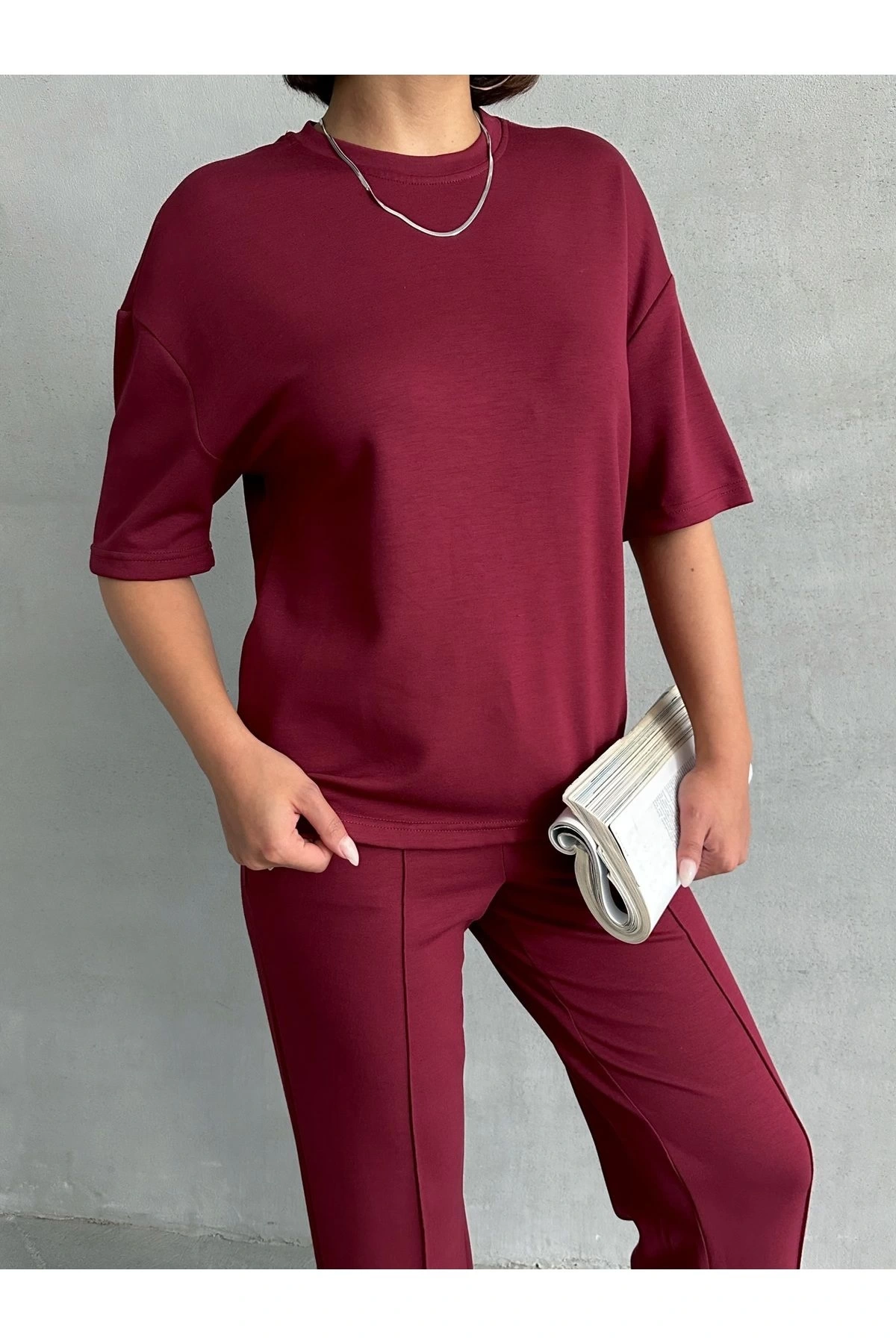 Kadın Bordo Yumuşak Modal Kumaş Kısa Kol Pantolon Bluz Alt Üst İkili Takım
