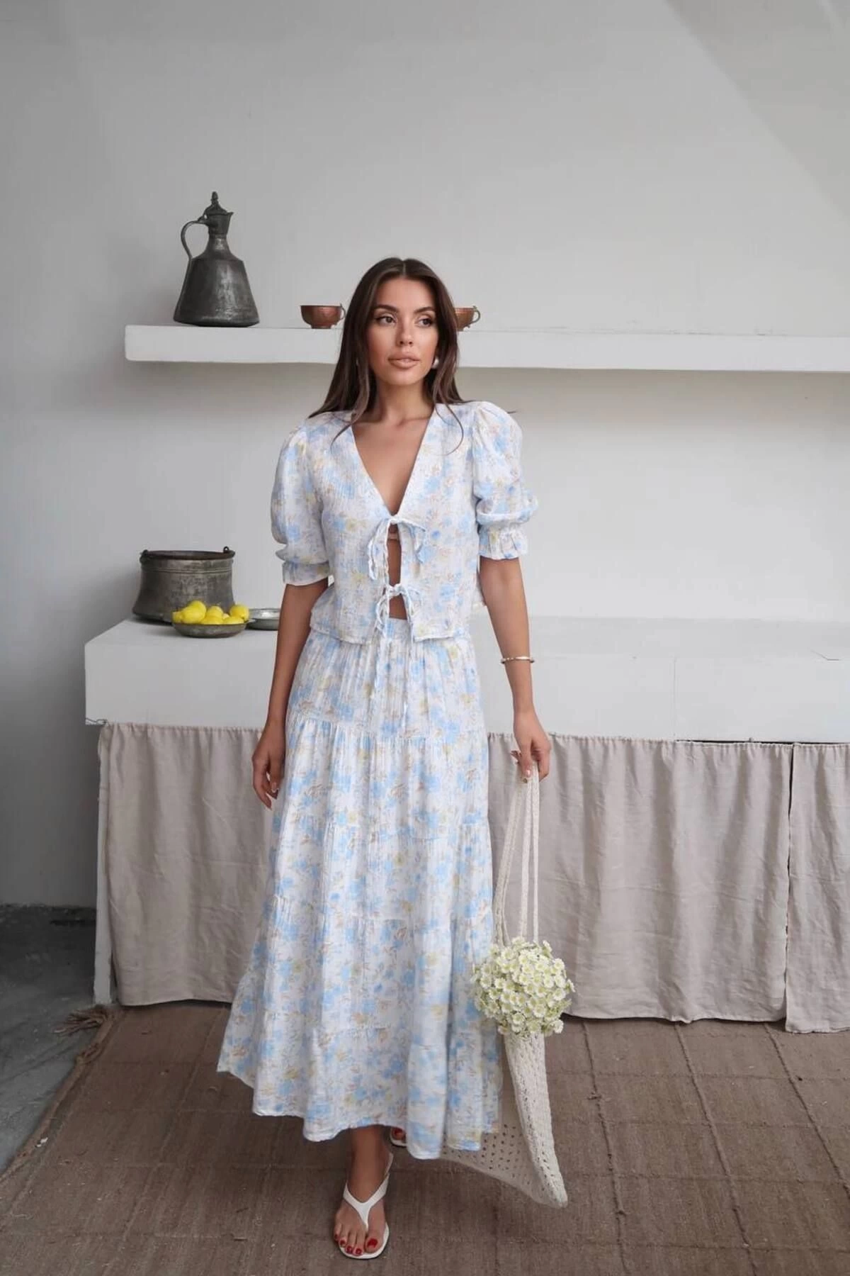 Kadın Premium Kalite Desenli Kimono Bluz Astarlı Etek Alt Üst İkili Takım
