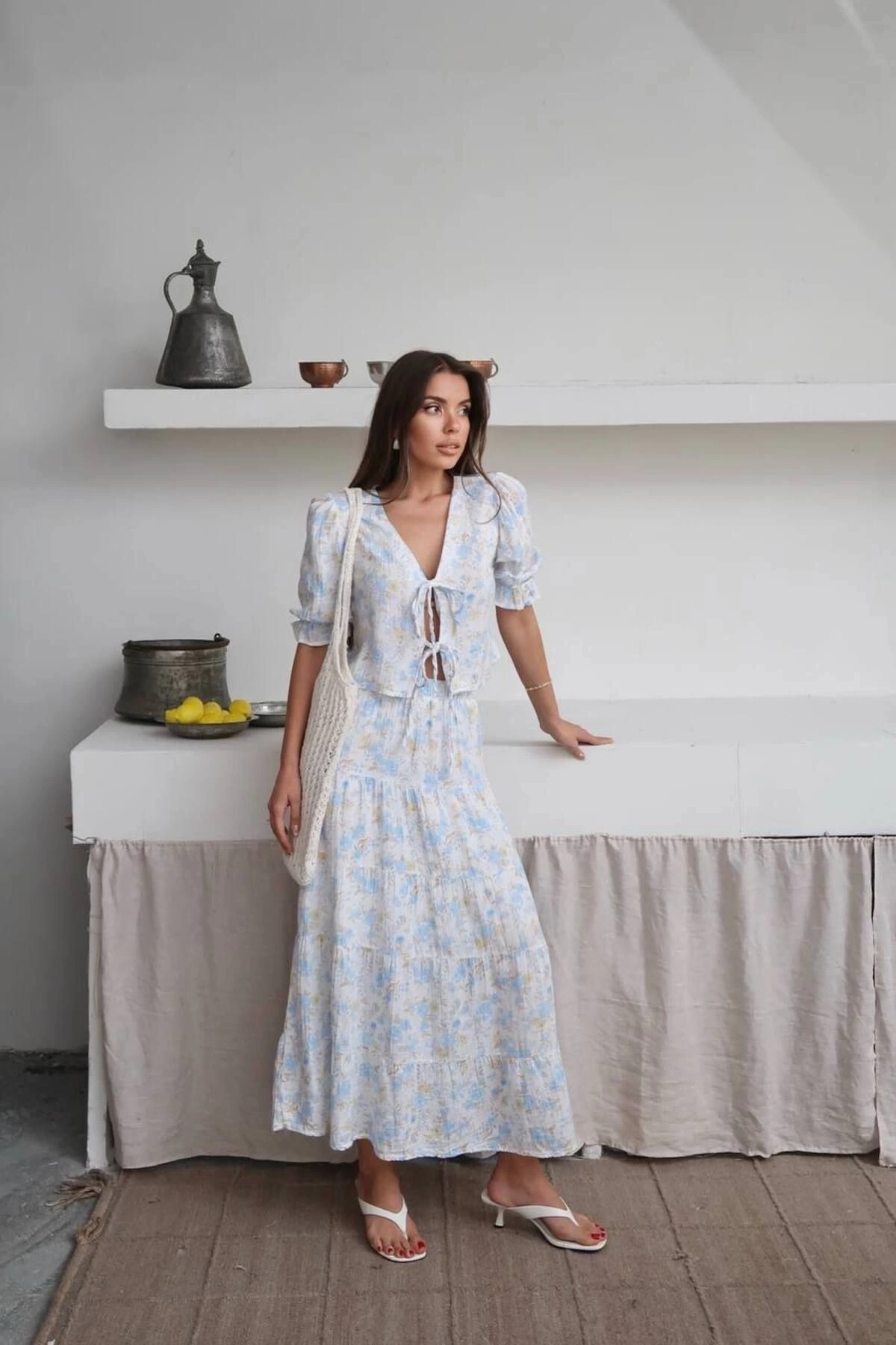 Kadın Premium Kalite Desenli Kimono Bluz Astarlı Etek Alt Üst İkili Takım