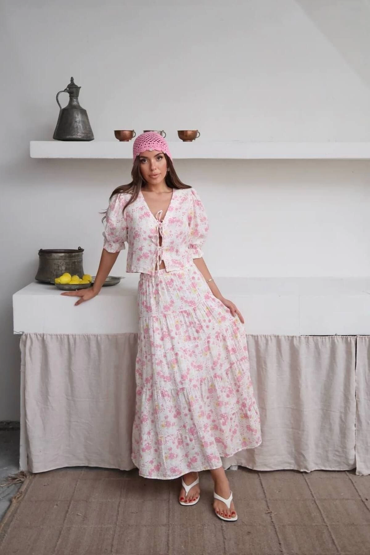 Kadın Premium Kalite Desenli Kimono Bluz Astarlı Etek Alt Üst İkili Takım