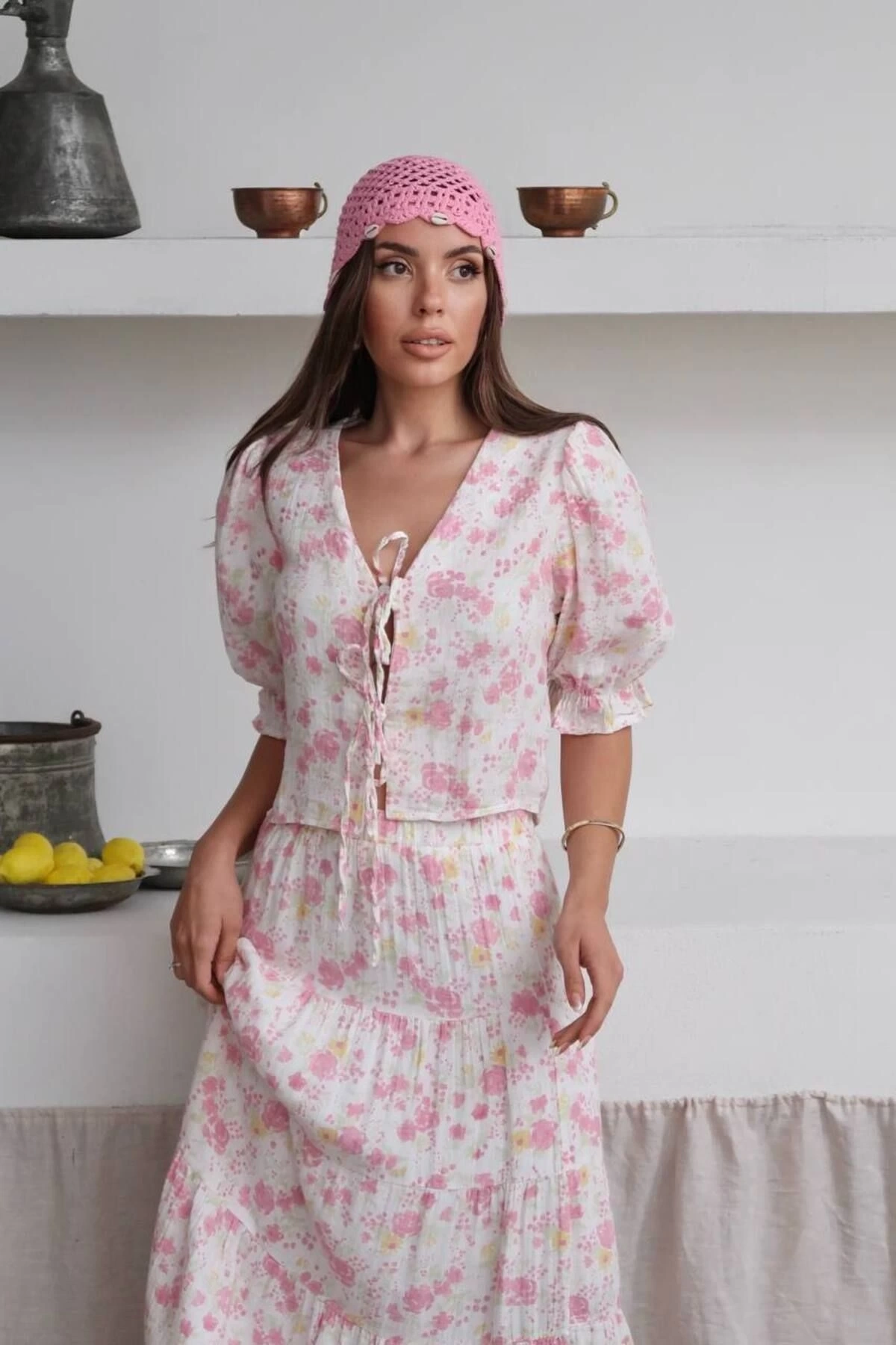 Kadın Premium Kalite Desenli Kimono Bluz Astarlı Etek Alt Üst İkili Takım