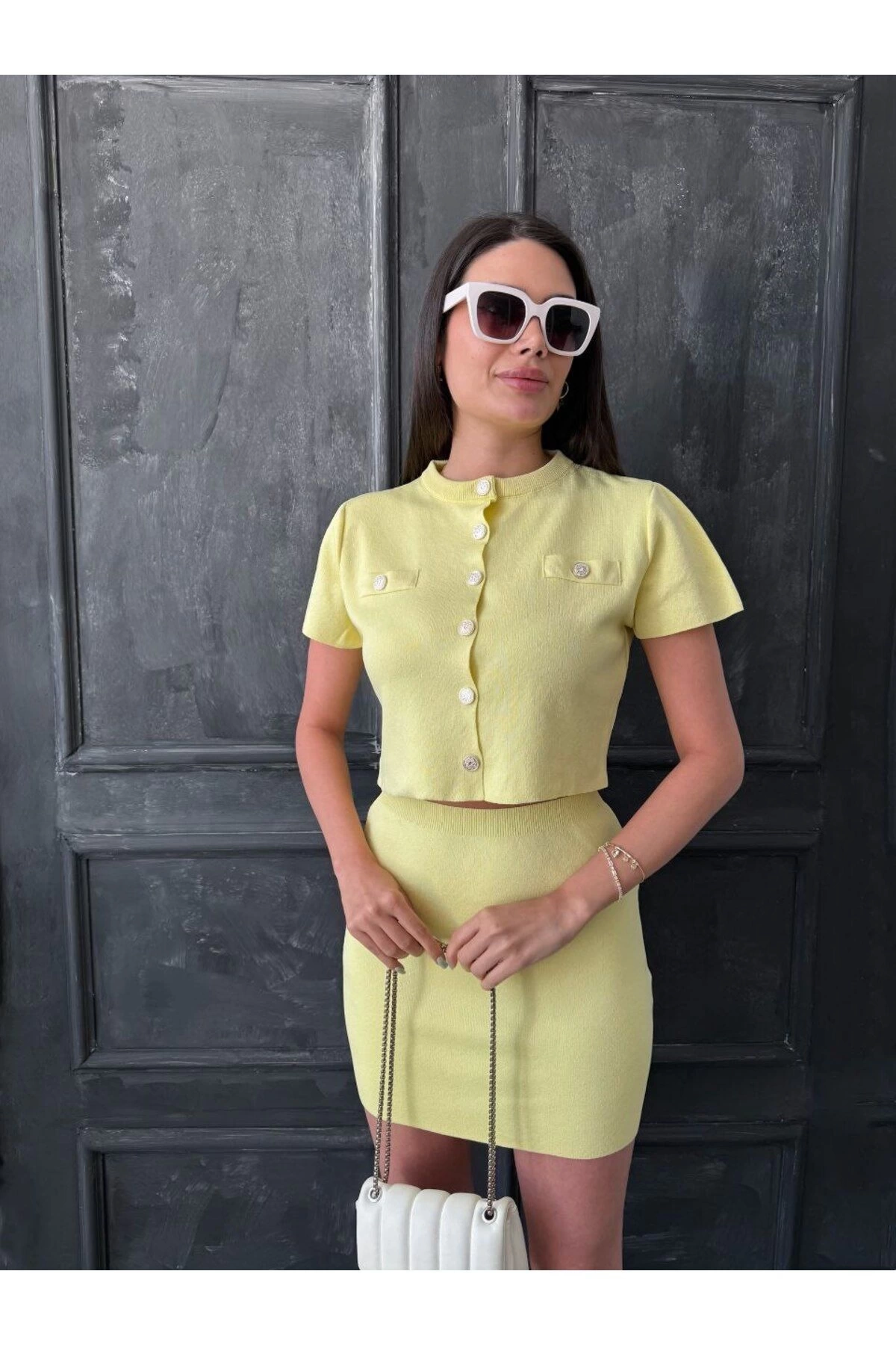 Kadın Limon Sarısı Düğme Detaylı Hırka Etek İkili Yazlık Takım S/m