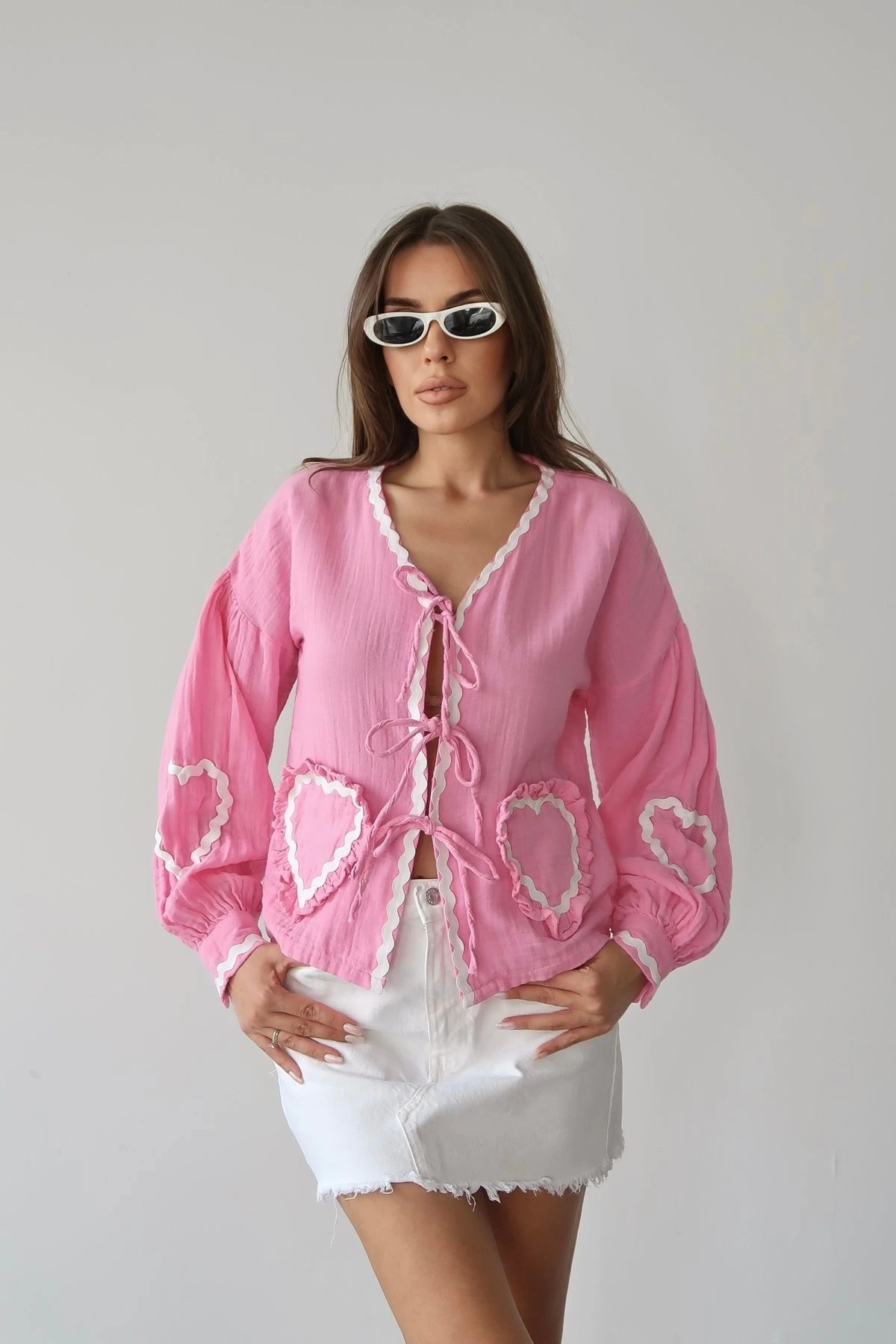 Kadın Pembe Uzun Kol Bağlama Detaylı %100 Pamuk Premium Müslin Bluz Gömlek