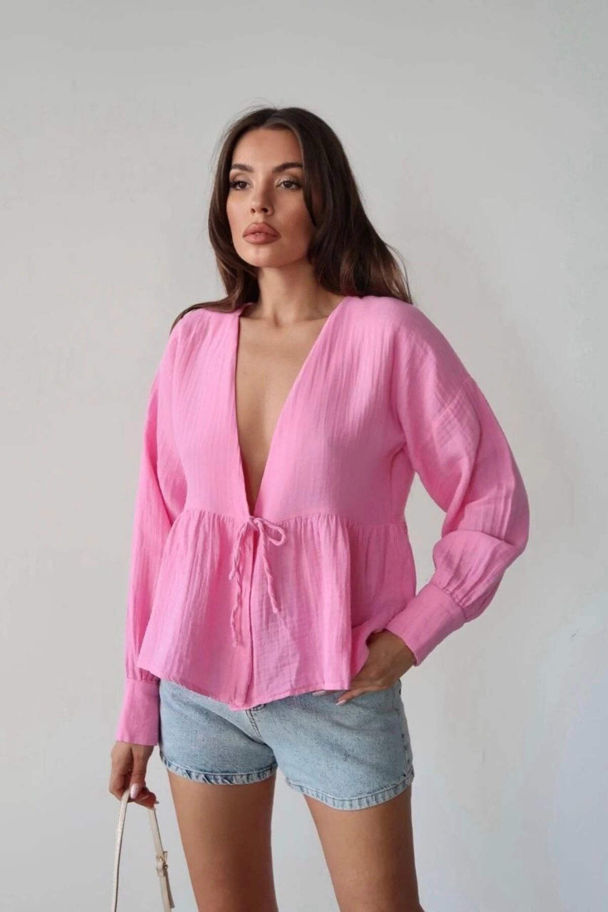 Kadın Pembe Önden Bağlamalı Uzun Kol Müslin Kumaş Kimono Bluz