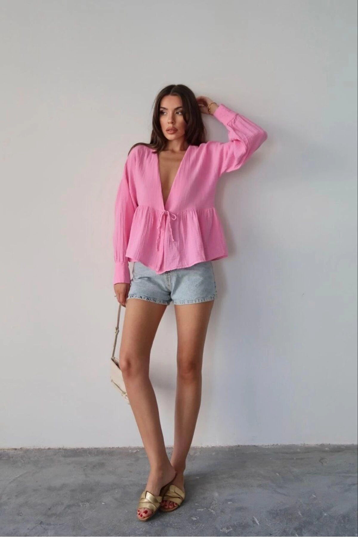 Kadın Pembe Önden Bağlamalı Uzun Kol Müslin Kumaş Kimono Bluz