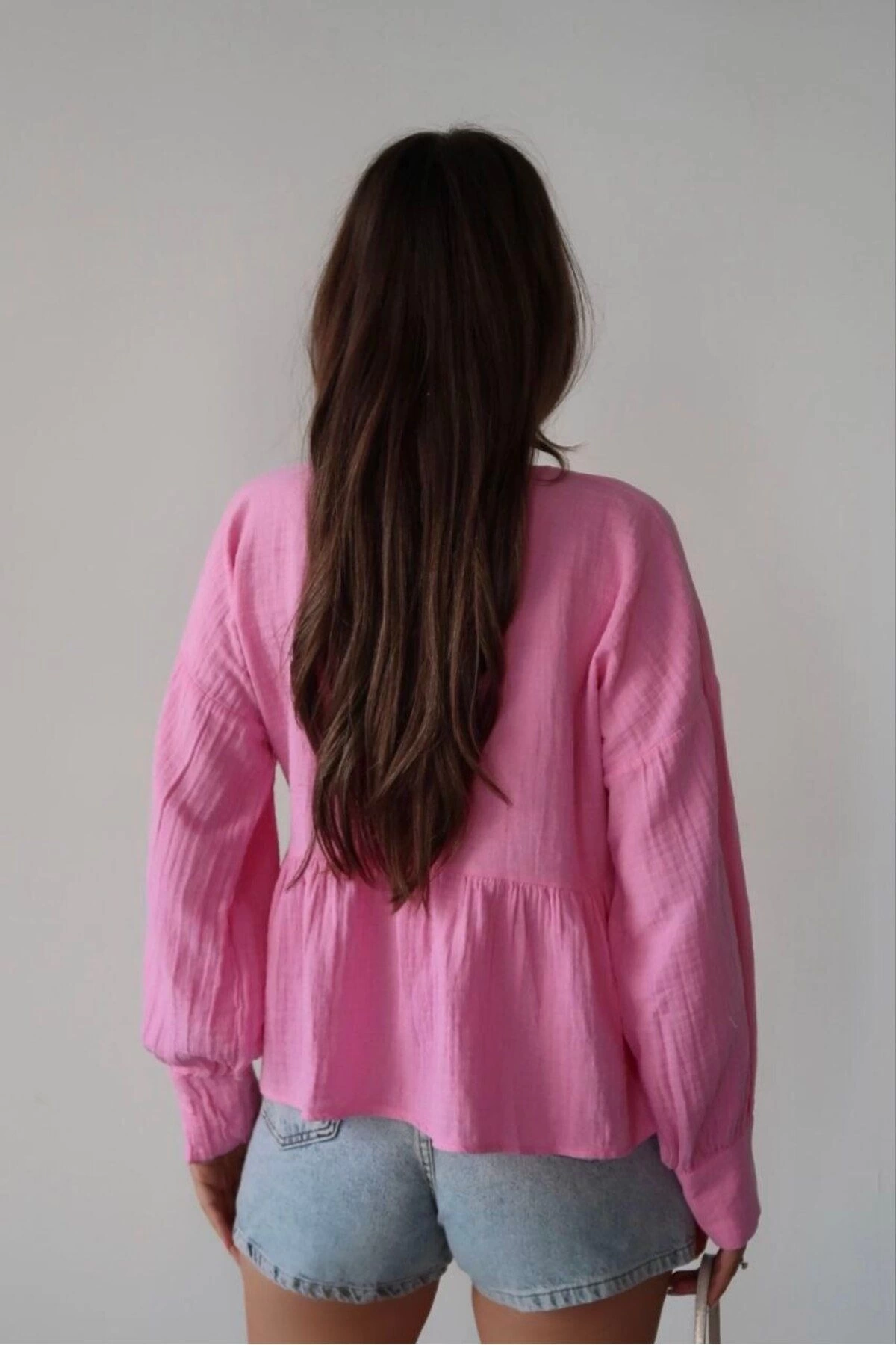 Kadın Pembe Önden Bağlamalı Uzun Kol Müslin Kumaş Kimono Bluz