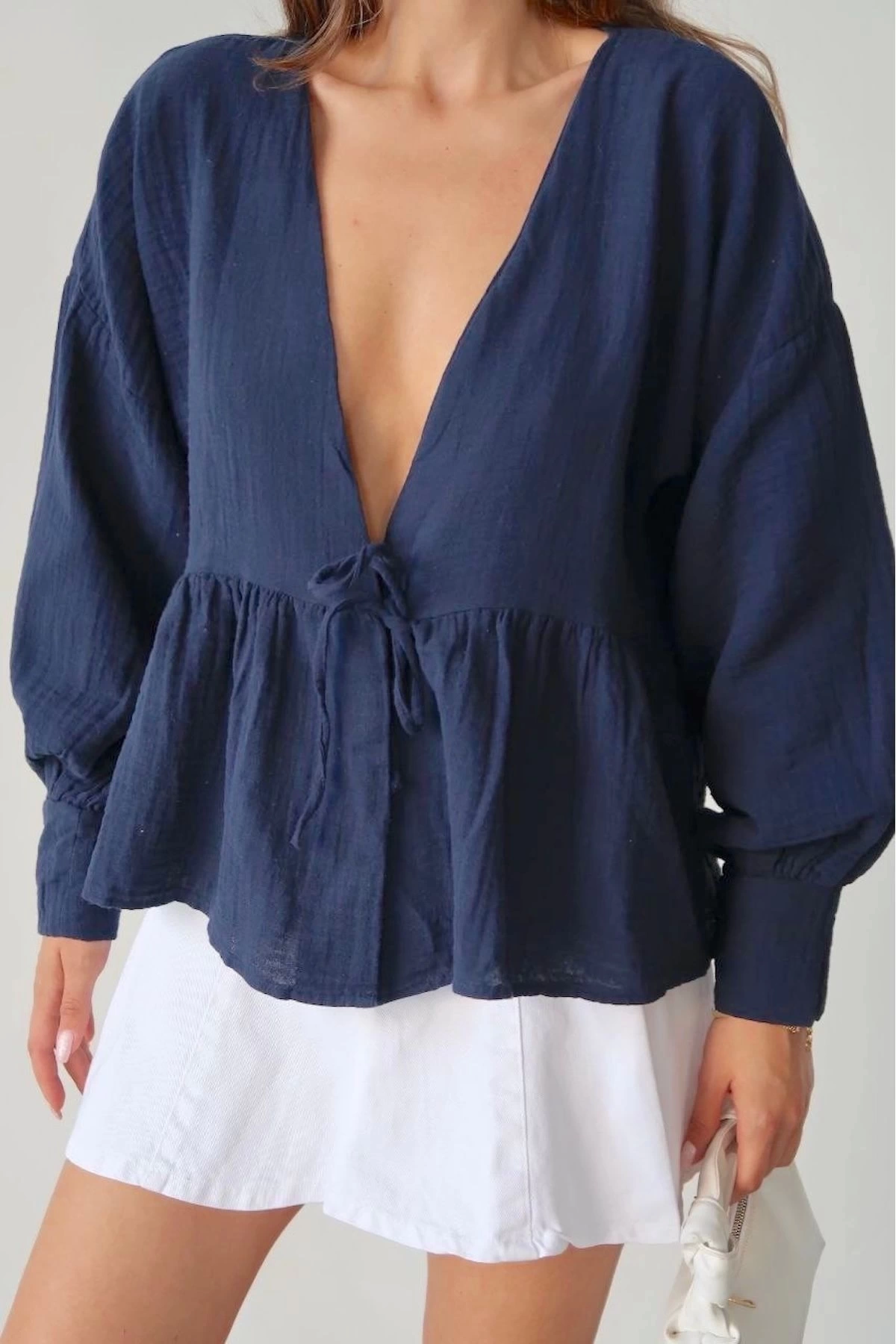 Kadın Lacivert Önden Bağlamalı Uzun Kol Müslin Kumaş Kimono Bluz
