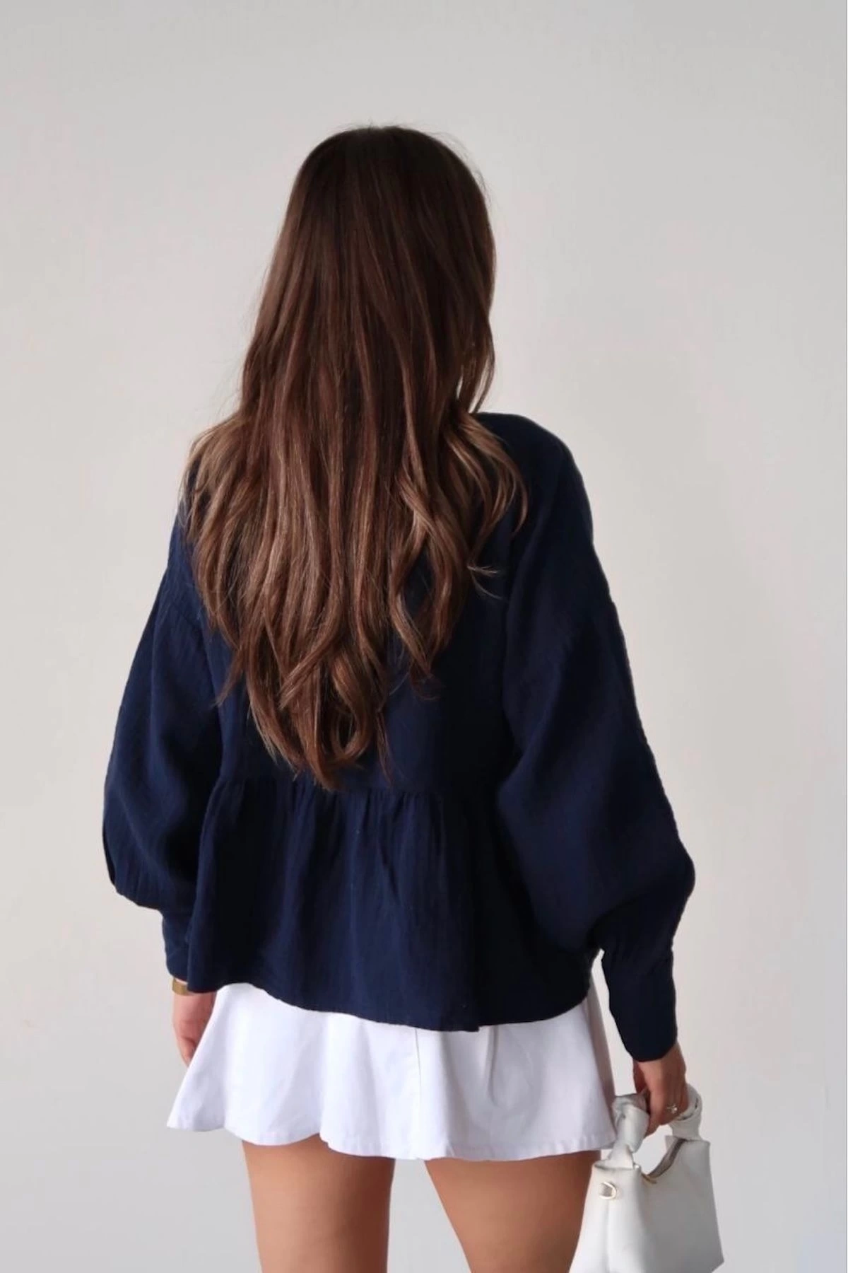 Kadın Lacivert Önden Bağlamalı Uzun Kol Müslin Kumaş Kimono Bluz