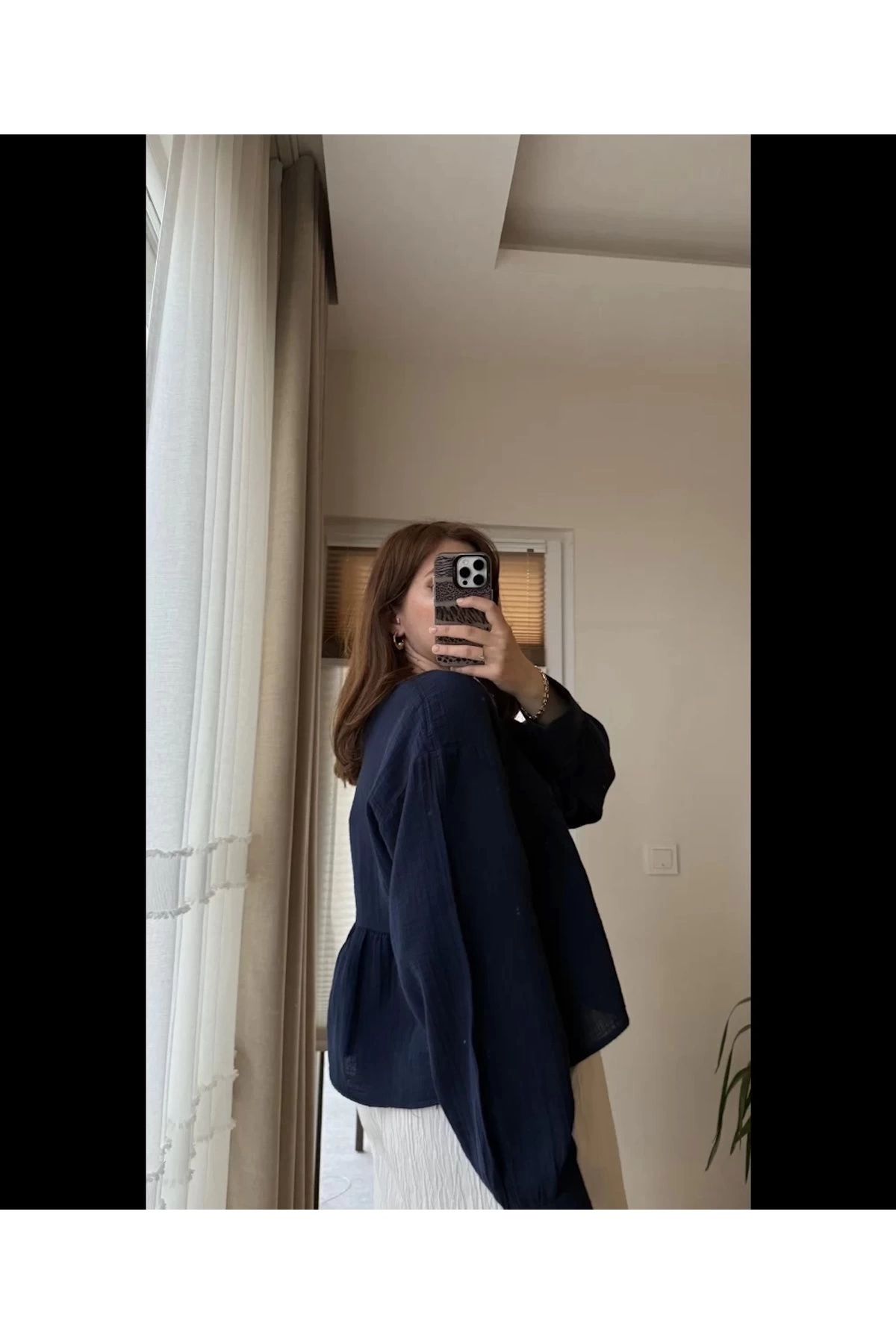 Kadın Uzun Kol Lacivert Premium Müslin Kumaş Gömlek Bluz