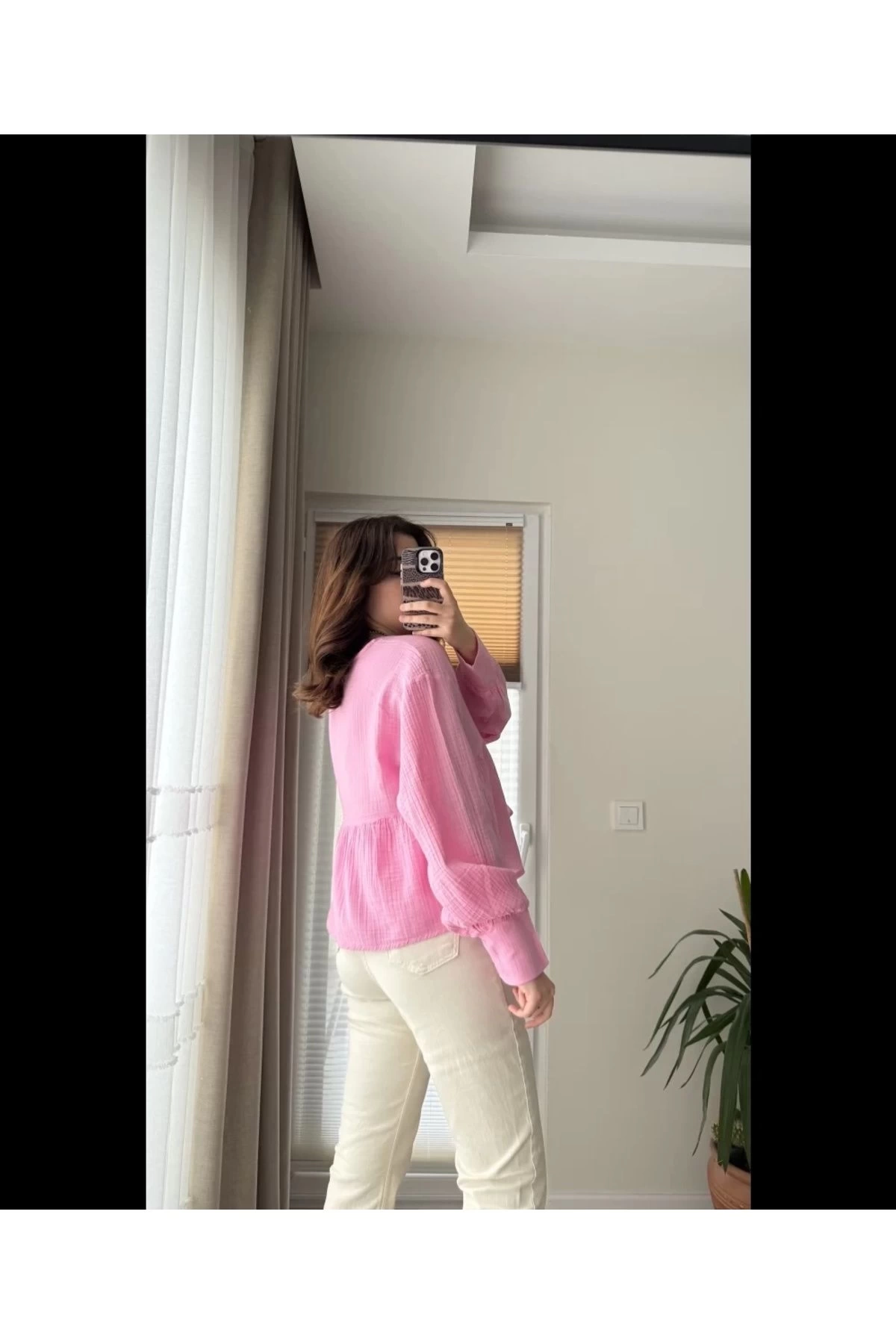 Kadın Uzun Kol Pembe Premium Müslin Kumaş Gömlek Bluz