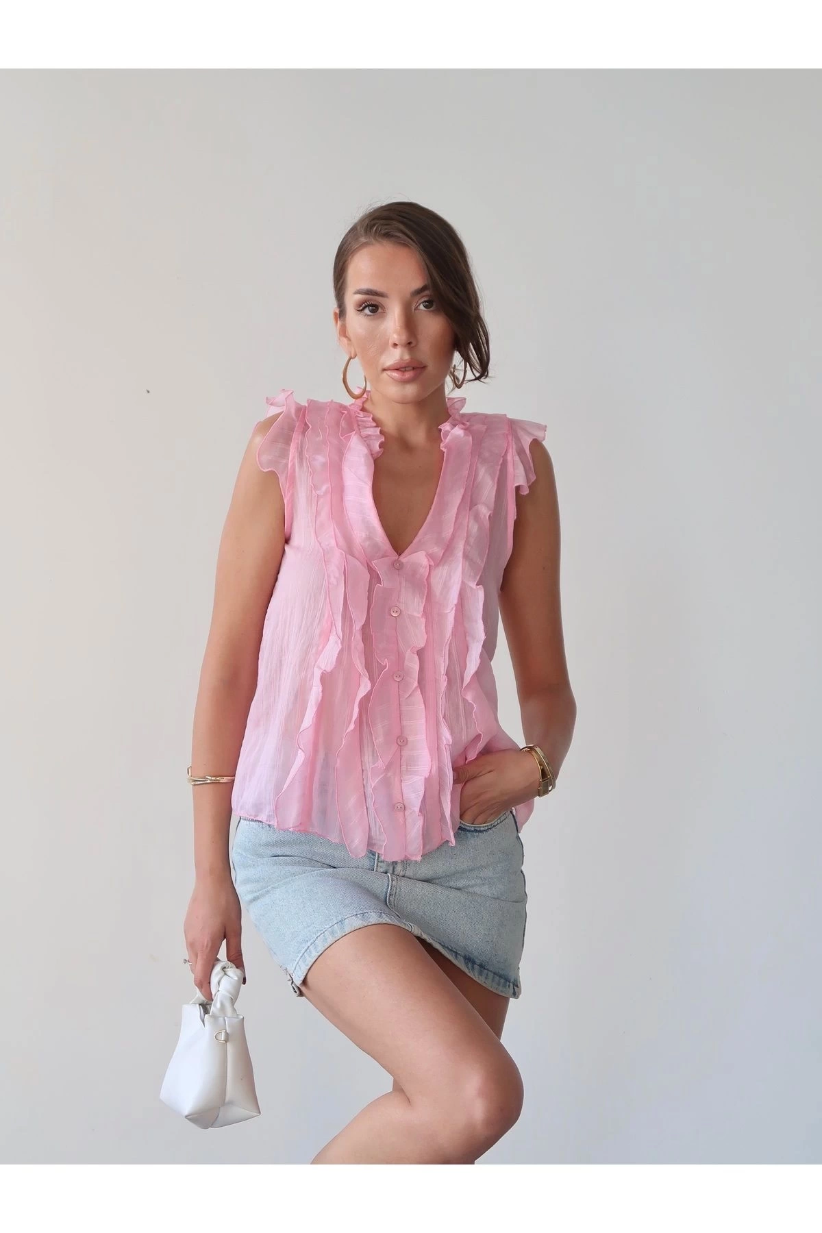 Kadın Pembe Lüx Kalite Fırfırlı Kolsuz Transparan Gömlek