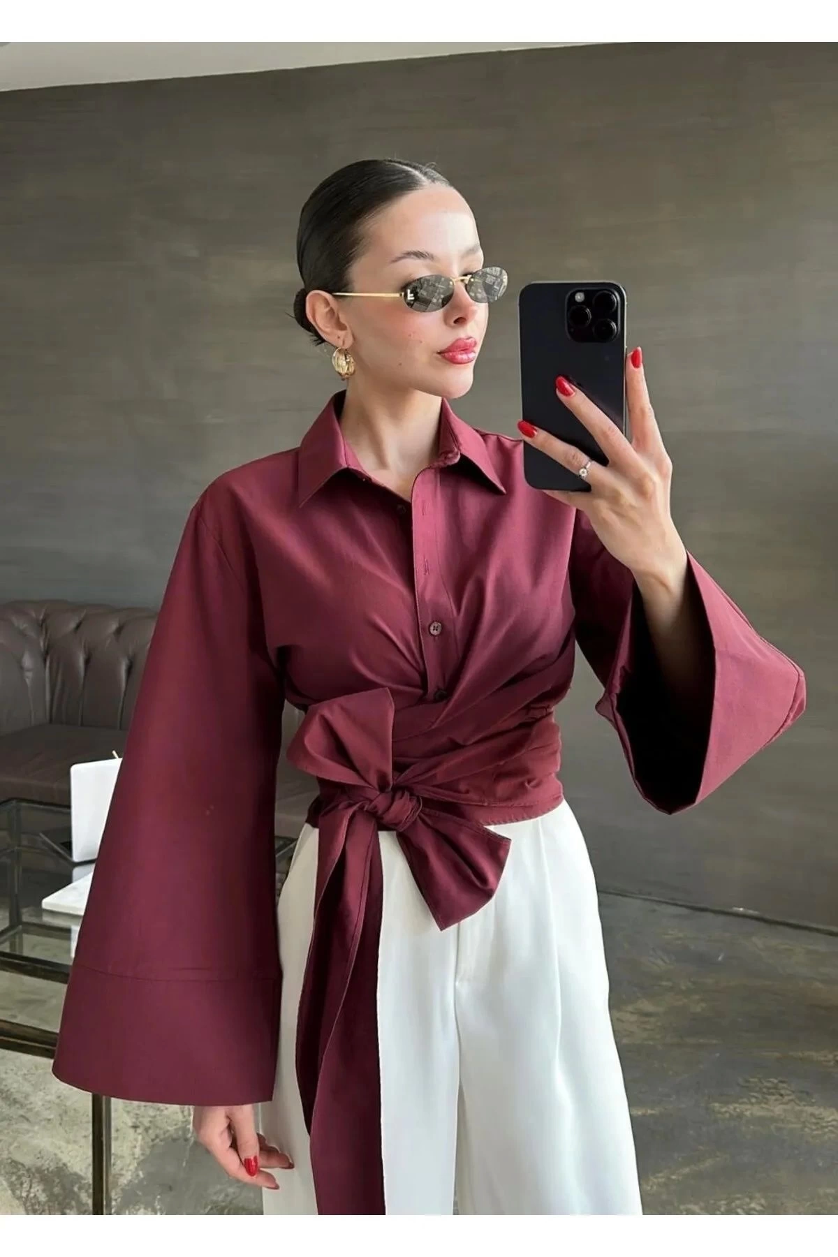 Kadın Bordo Bağlama Detaylı Gömlek
