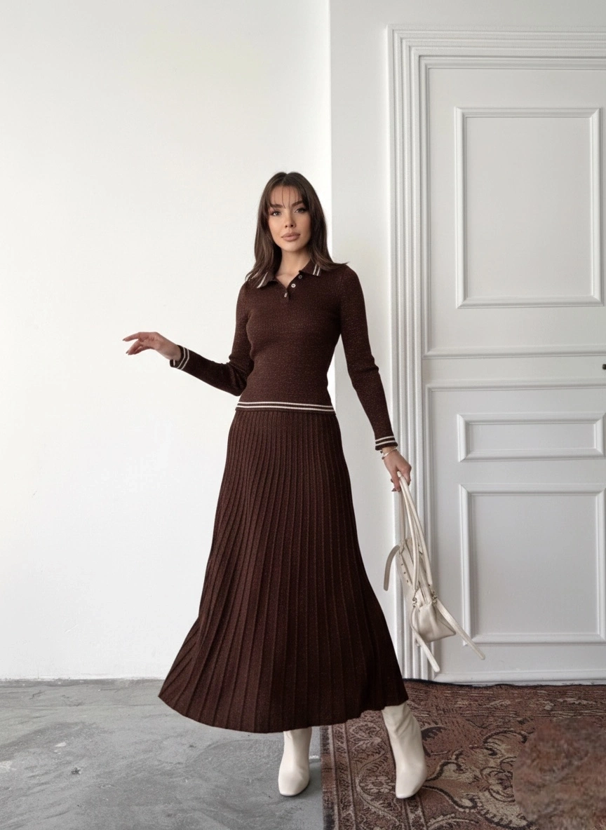 Kadın Kahverengi Simli Şık Şeritli Bluz Etek Alt Üst İkili Premium Triko Takım