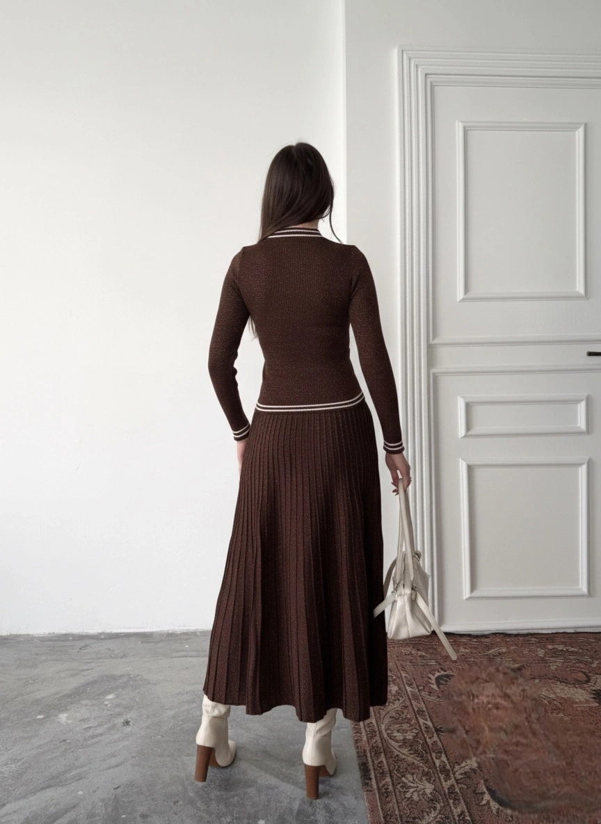 Kadın Kahverengi Simli Şık Şeritli Bluz Etek Alt Üst İkili Premium Triko Takım