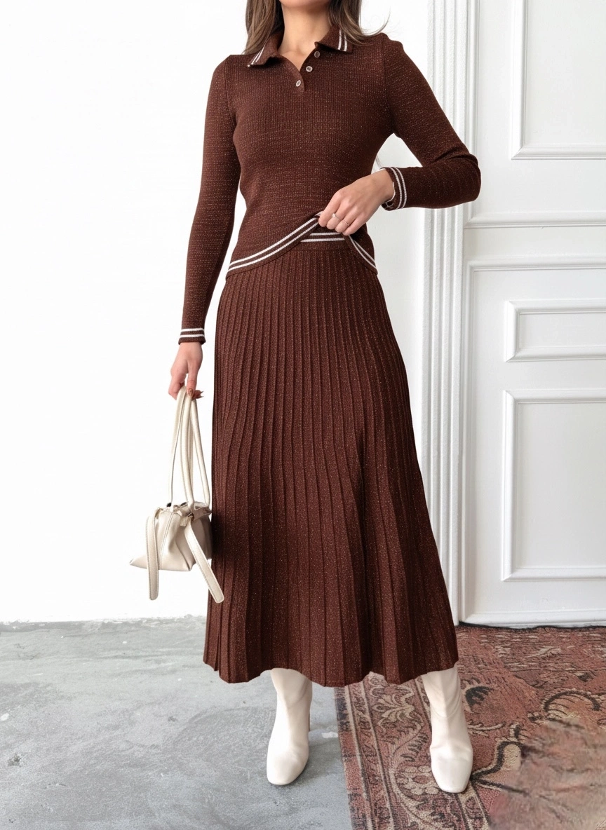 Kadın Kahverengi Simli Şık Şeritli Bluz Etek Alt Üst İkili Premium Triko Takım