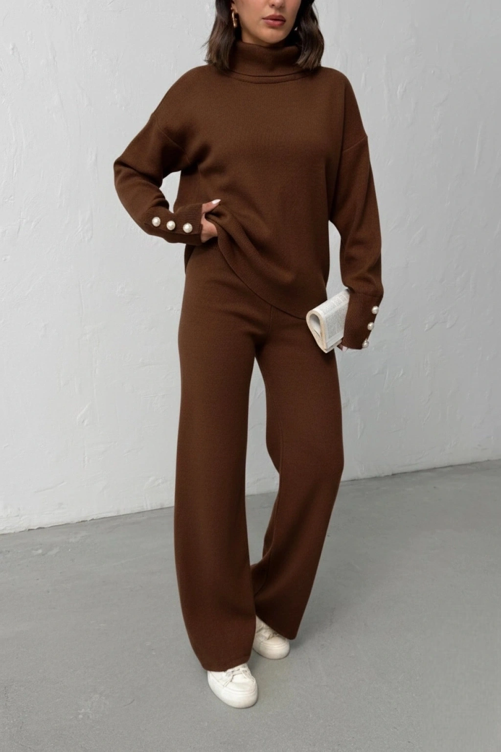 Kadın Acı Kahverengi Kol Düğme Detaylı Bluz Pantolon Alt Üst İkili Triko Takım