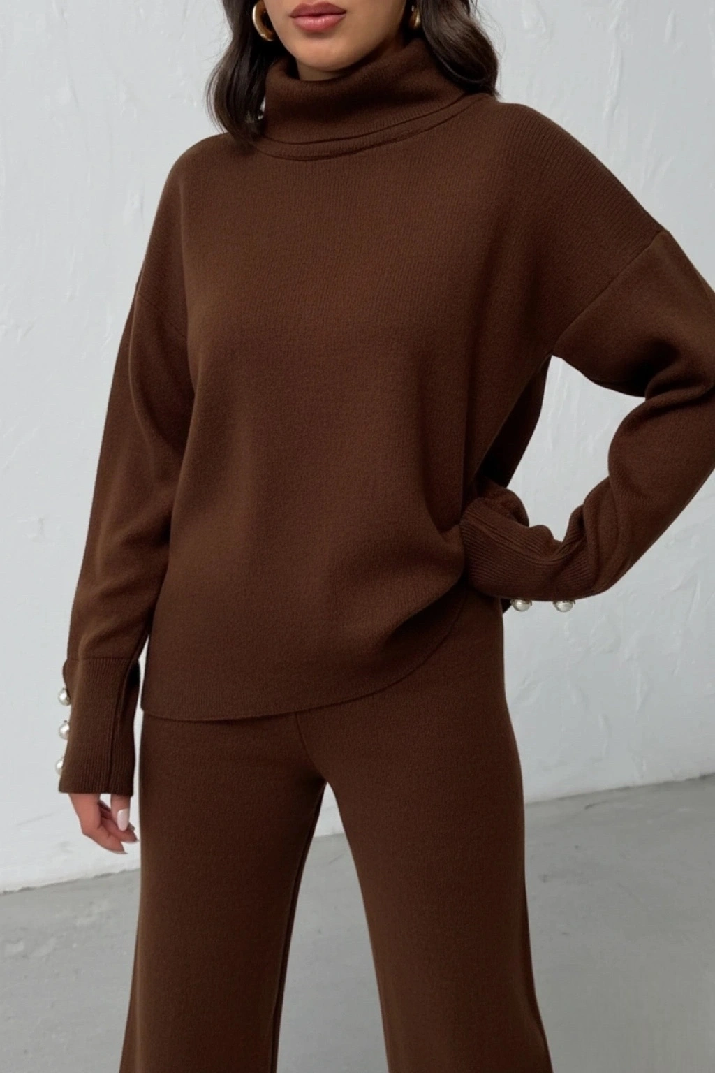 Kadın Acı Kahverengi Kol Düğme Detaylı Bluz Pantolon Alt Üst İkili Triko Takım