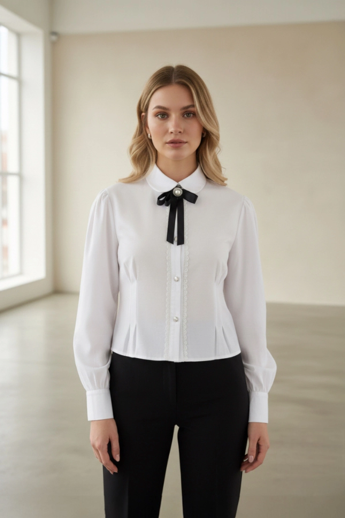 Kadın Beyaz Fiyonk ve Detaylı Şık Gömlek