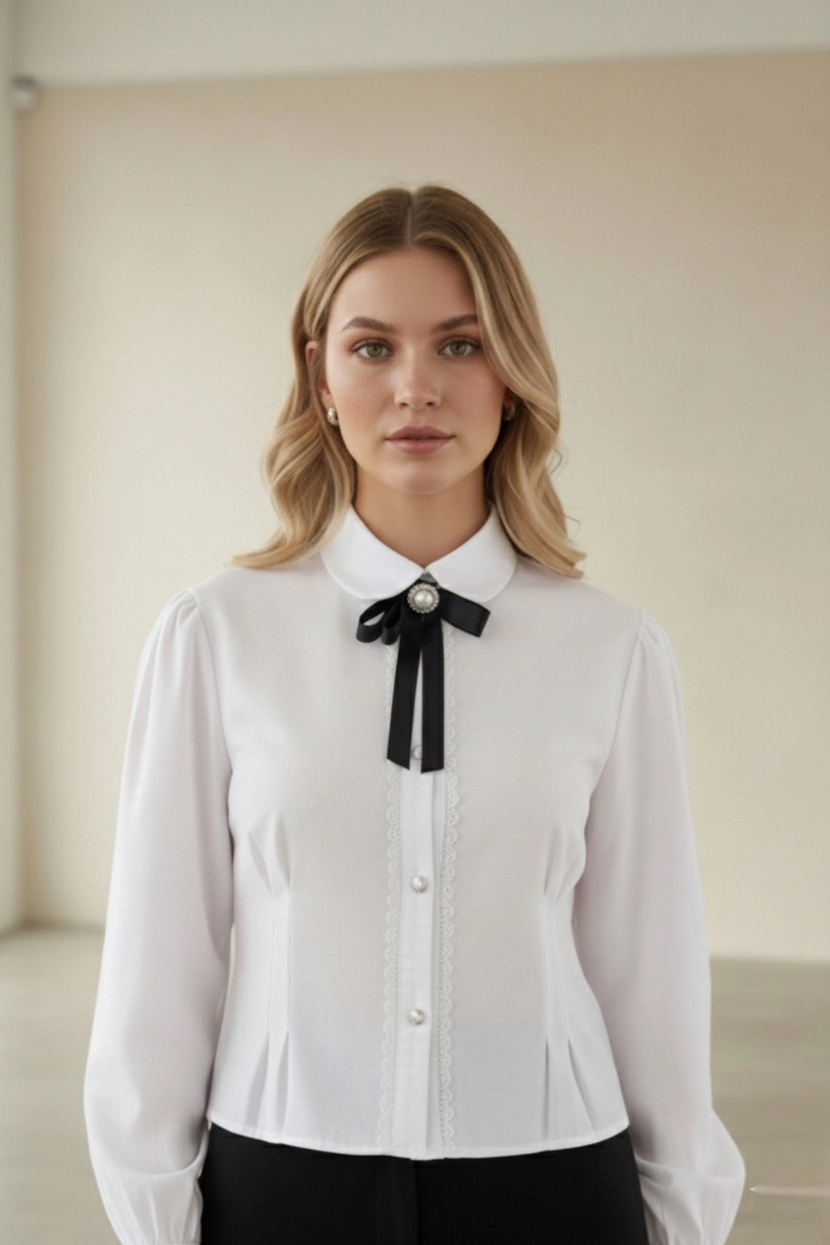 Kadın Beyaz Fiyonk ve Detaylı Şık Gömlek