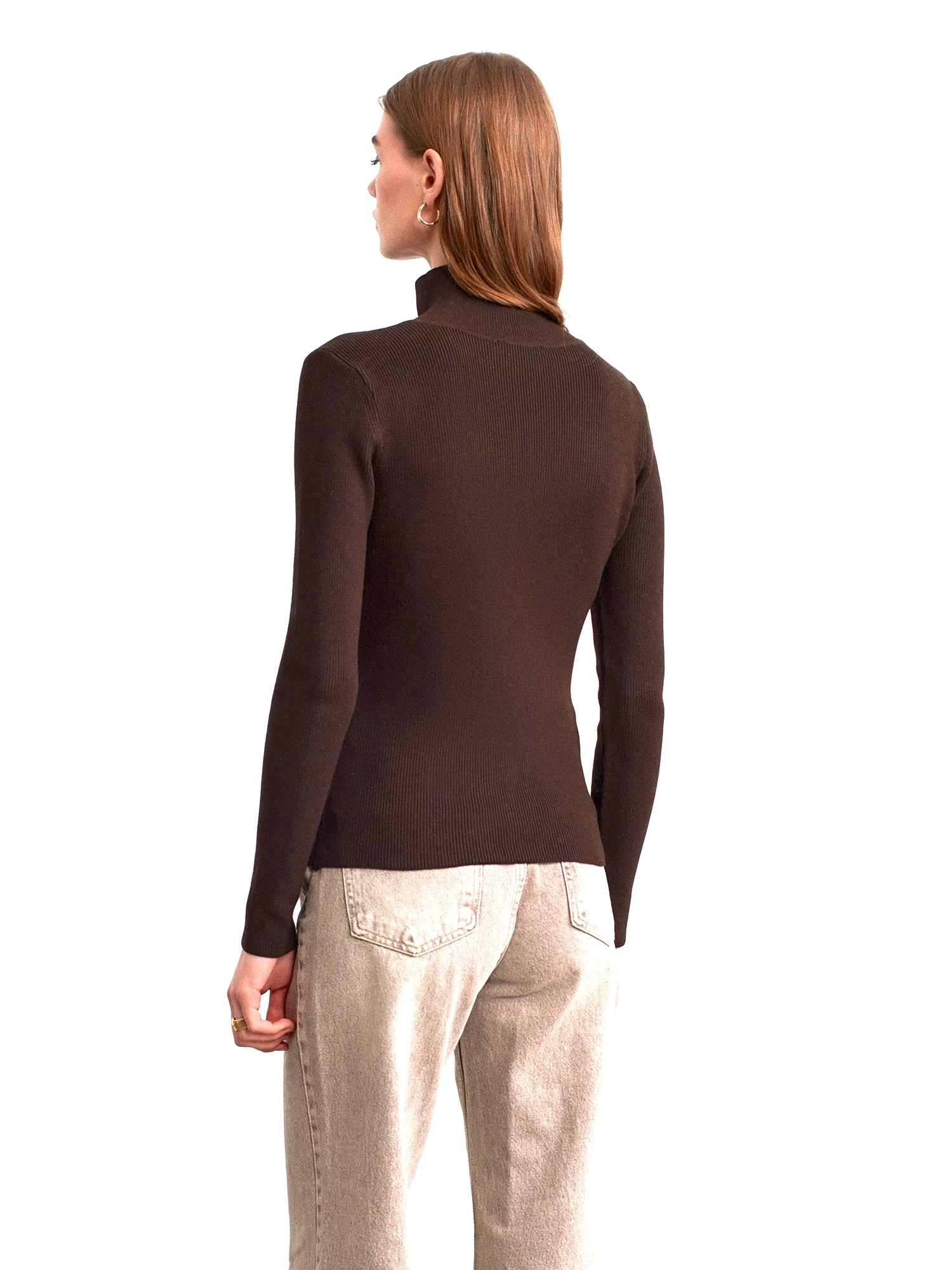 Kadın Acı Kahverengi Dik Yaka Çıtçıtlı Uzun Kol Triko Kazak