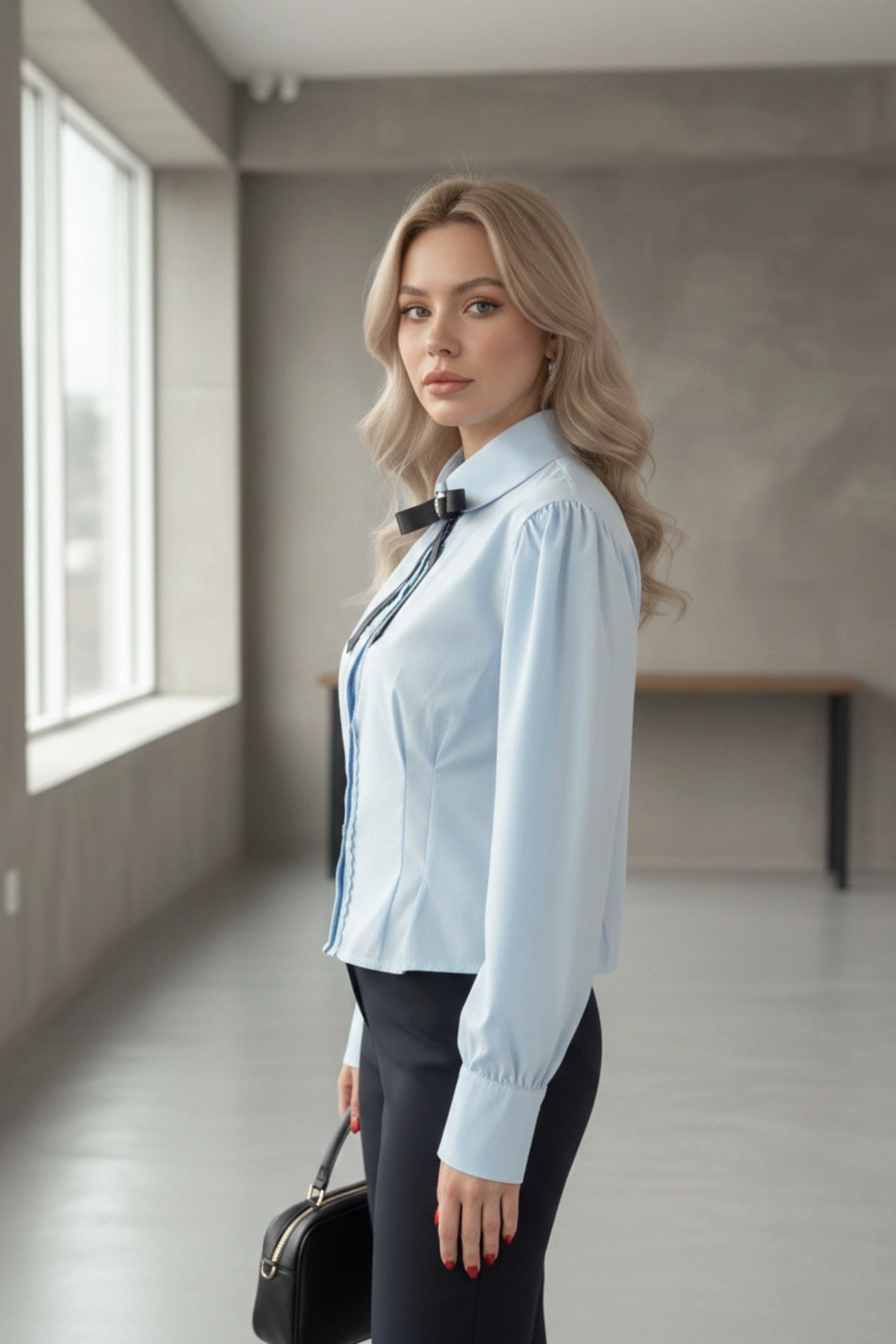 Kadın Mavi Fiyonk ve Detaylı Şık Gömlek