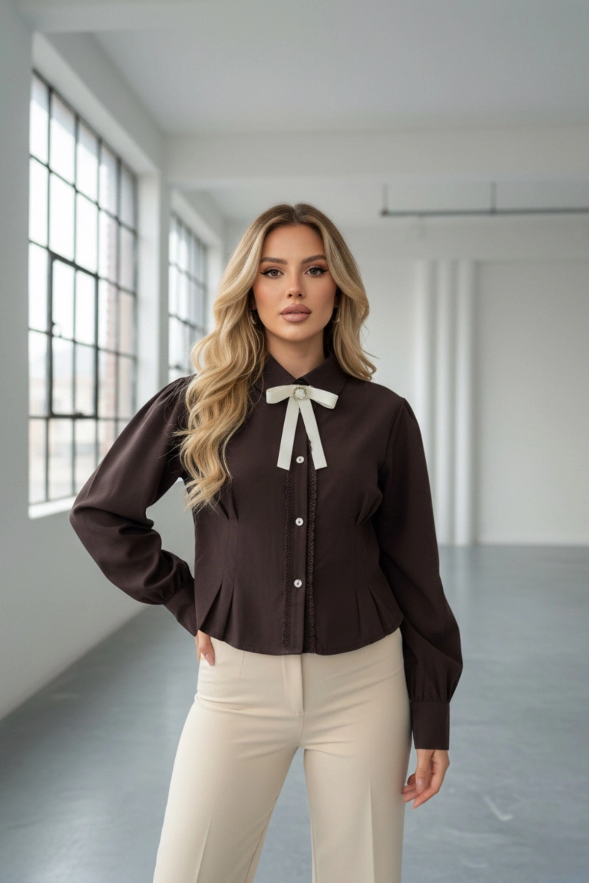 Kadın Kahverengi Fiyonk ve Detaylı Şık Gömlek
