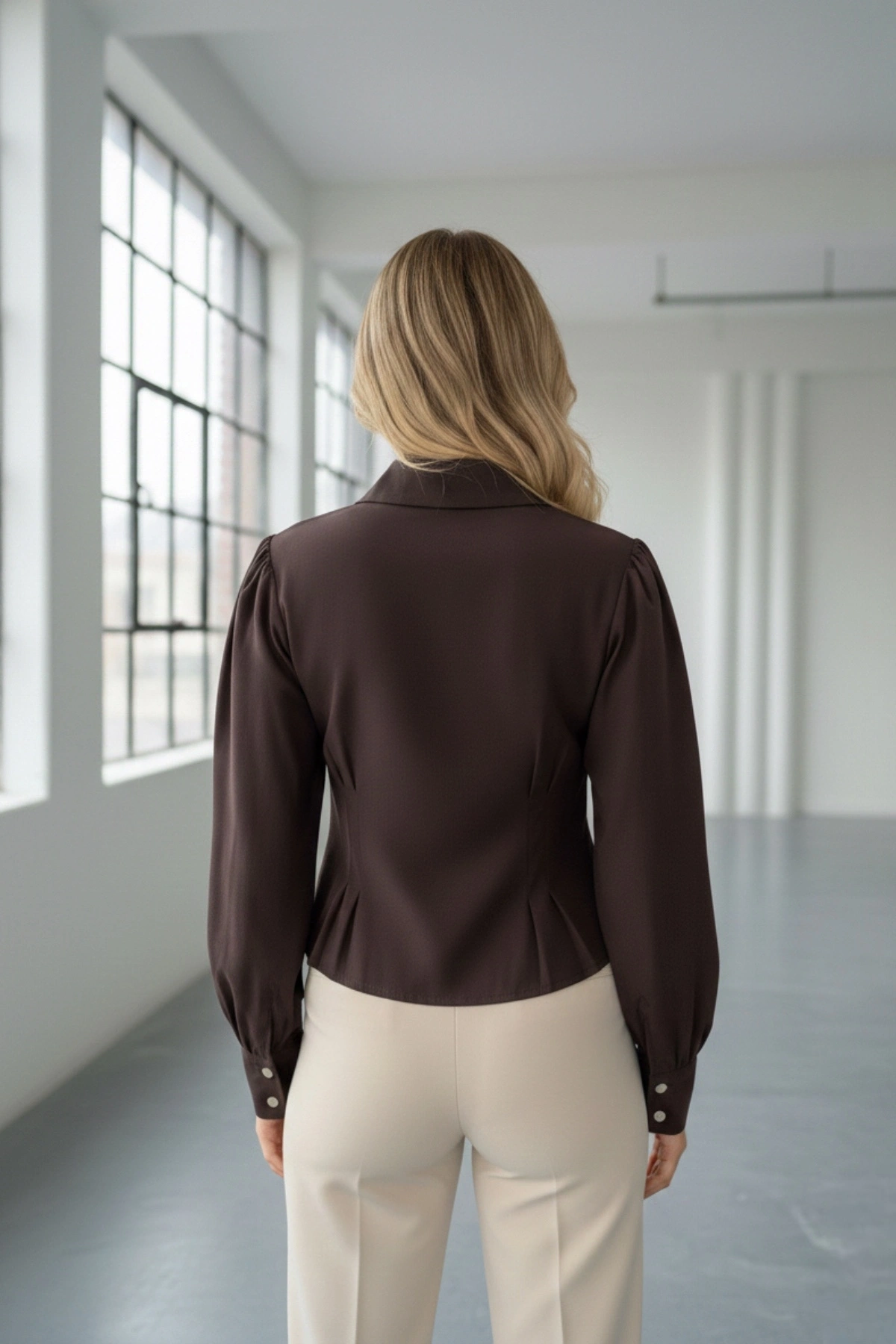 Kadın Kahverengi Fiyonk ve Detaylı Şık Gömlek