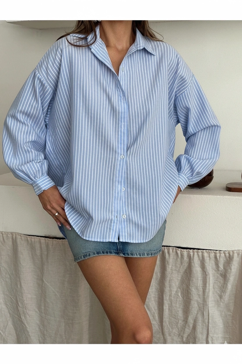 Kadın Pembe Premium Kalite Çizgili Oversize Balon Kol Gömlek