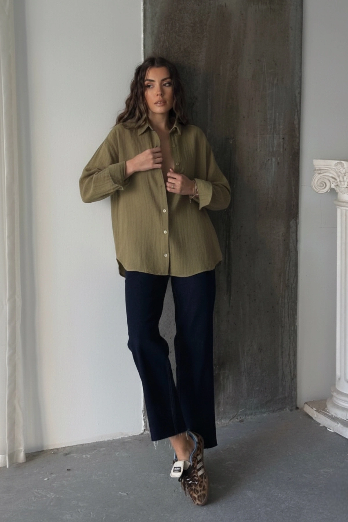 Kadın Haki Müslin Kumaş Premium Gömlek