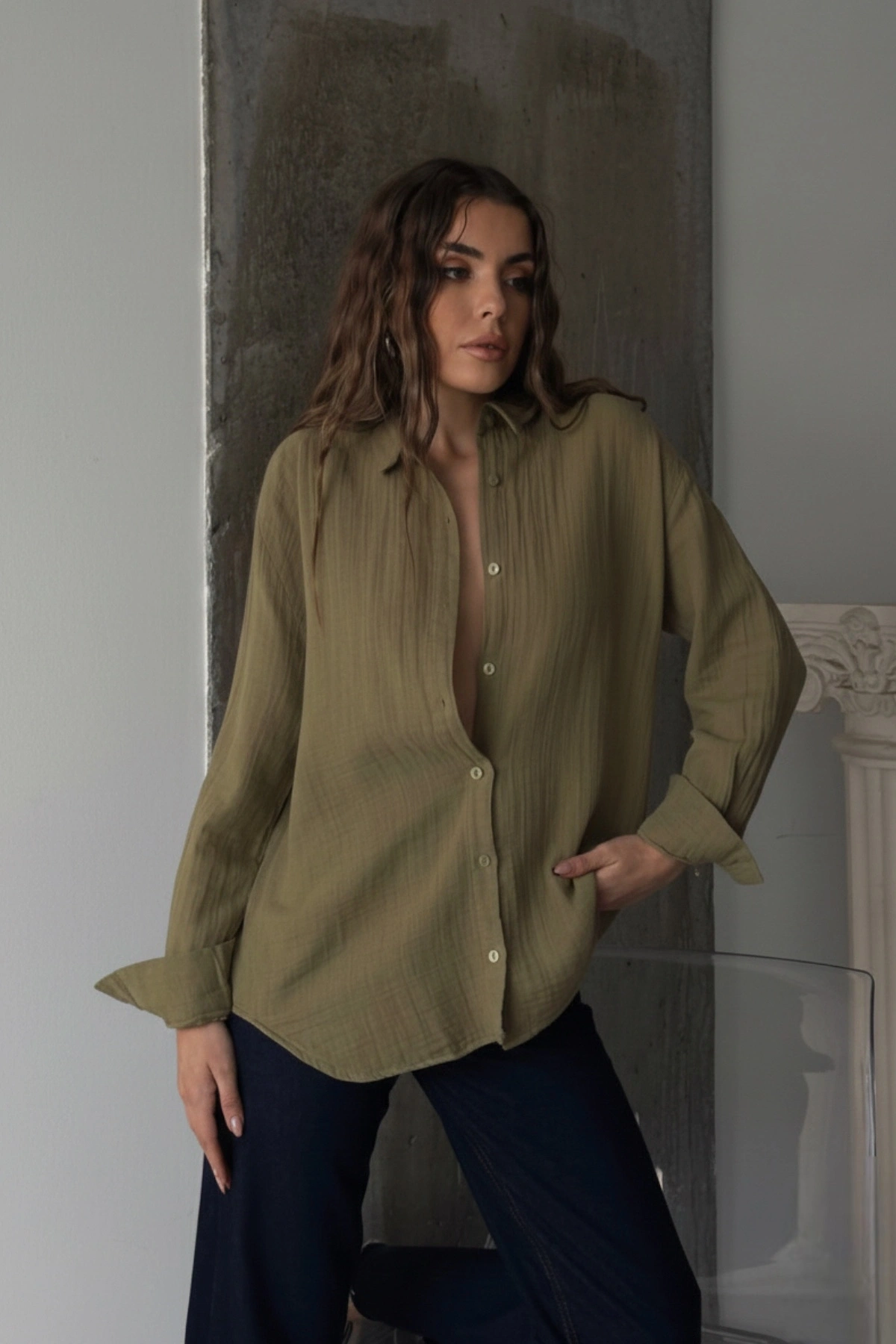 Kadın Haki Müslin Kumaş Premium Gömlek