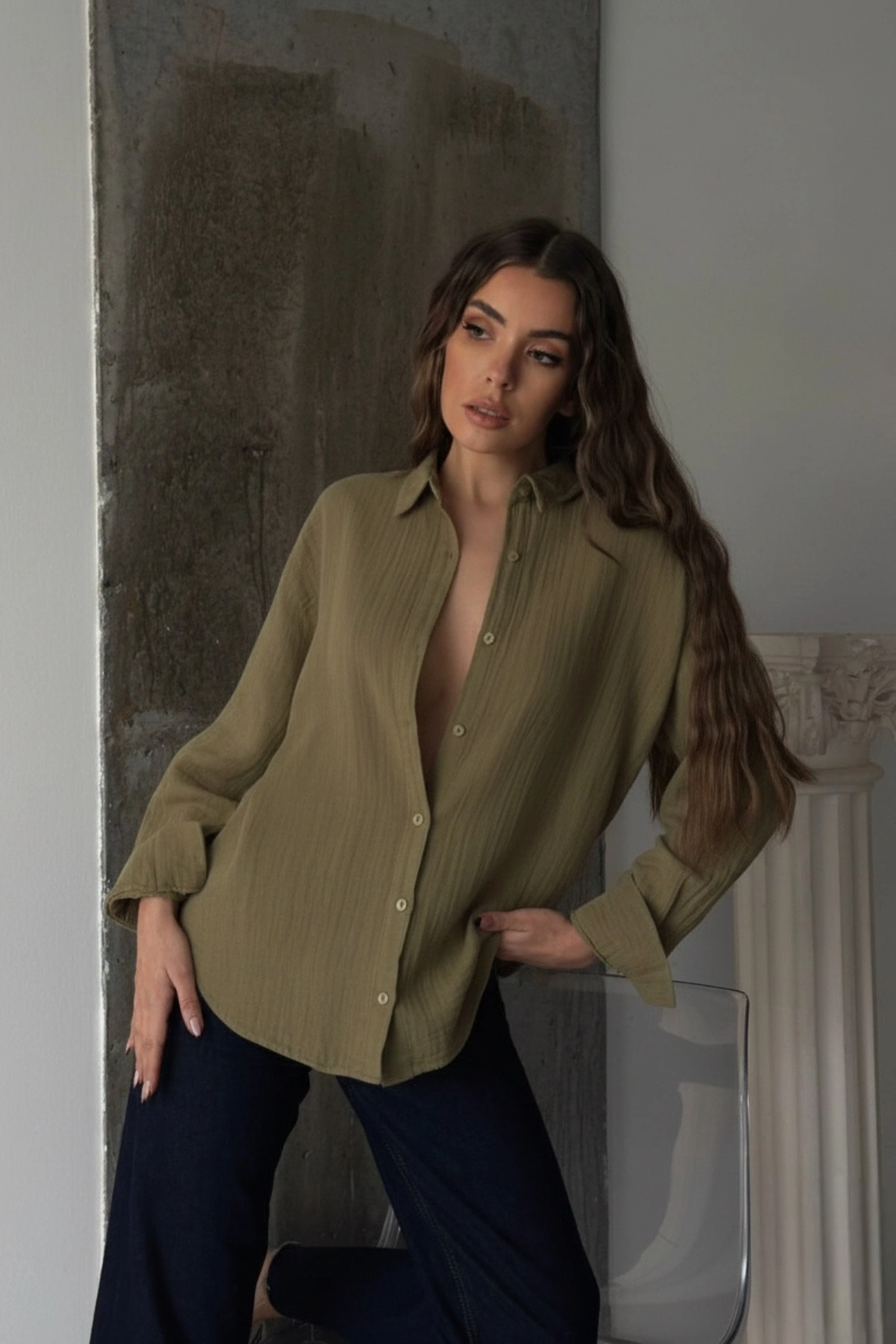 Kadın Haki Müslin Kumaş Premium Gömlek