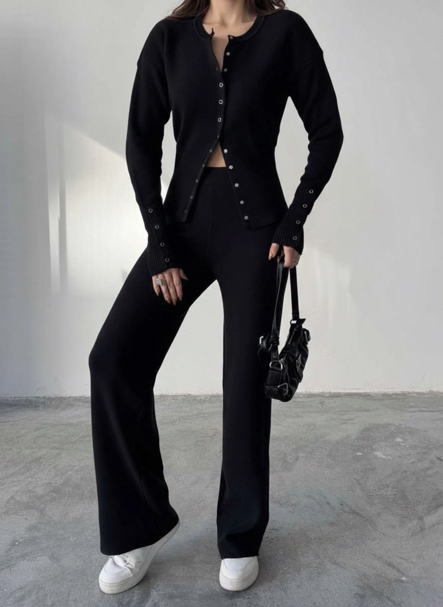 Kadın Siyah Cıtcıt Detaylı Hırka Pantolon Alt Üst İkili Triko Takım (S/M Beden)