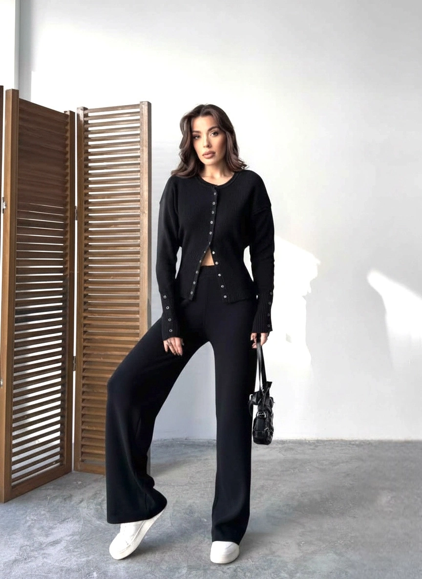 Kadın Siyah Cıtcıt Detaylı Hırka Pantolon Alt Üst İkili Triko Takım (S/M Beden)