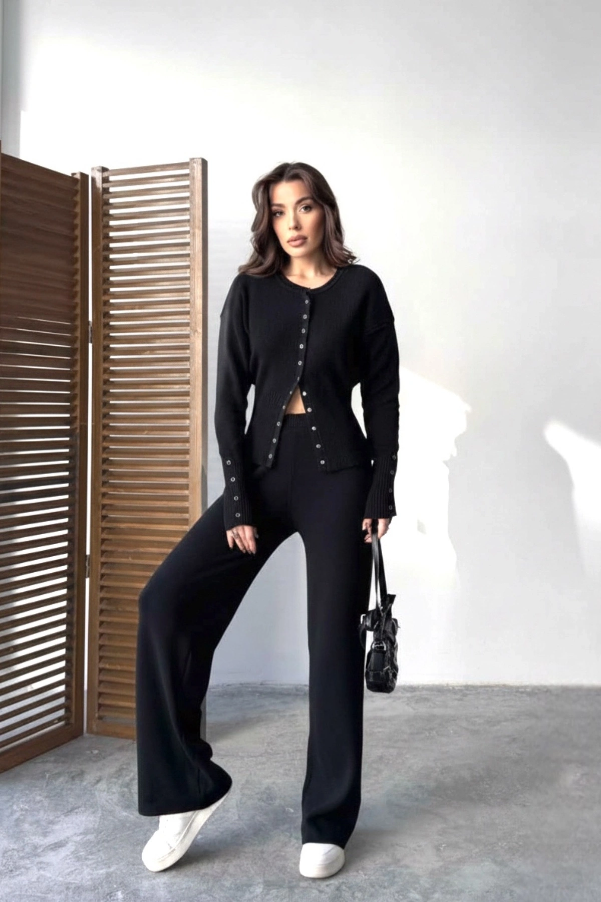 Kadın Siyah Cıtcıt Detaylı Hırka Pantolon Alt Üst İkili Triko Takım (S/M Beden)