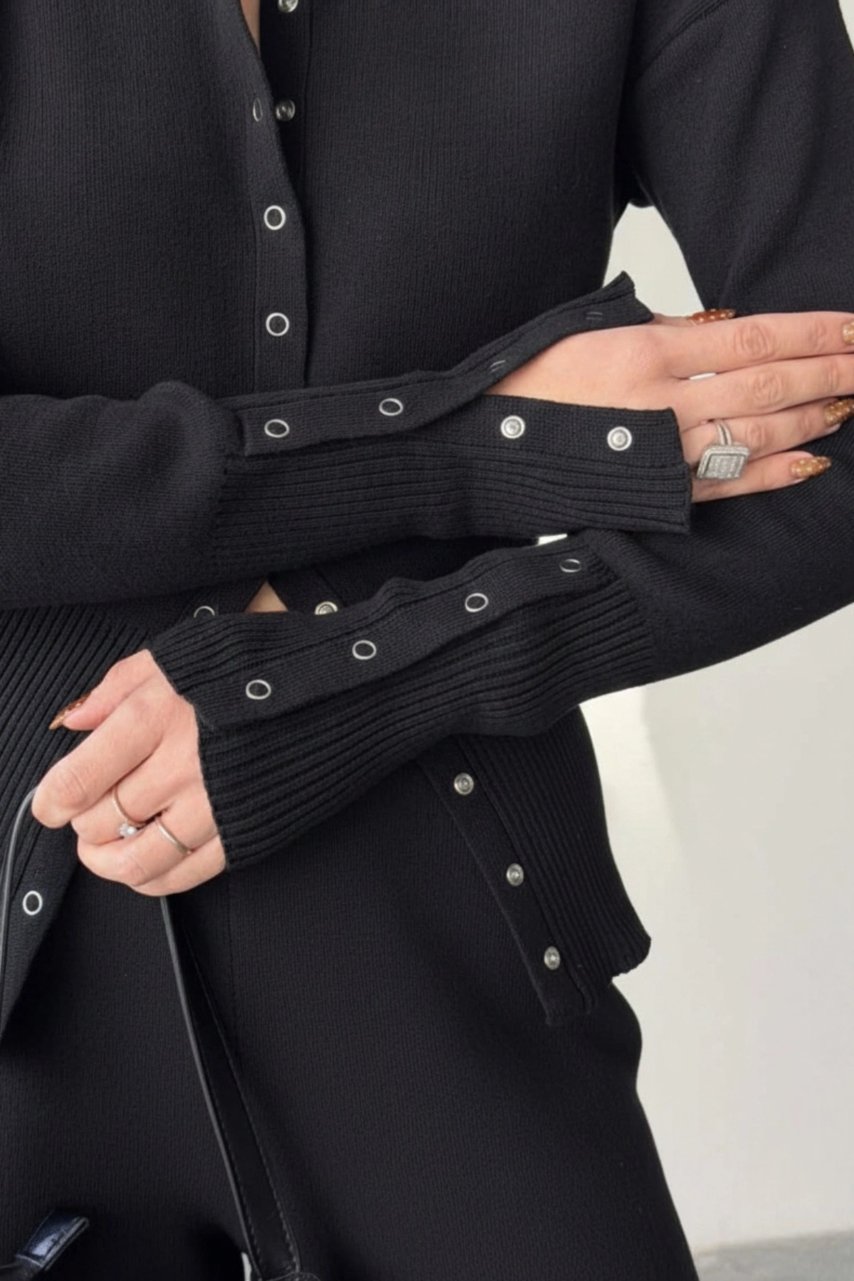 Kadın Siyah Cıtcıt Detaylı Hırka Pantolon Alt Üst İkili Triko Takım (S/M Beden)