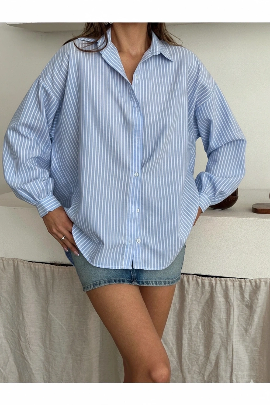 Kadın Bebe Mavisi Premium Kalite Çizgili Oversize Balon Kol Gömlek