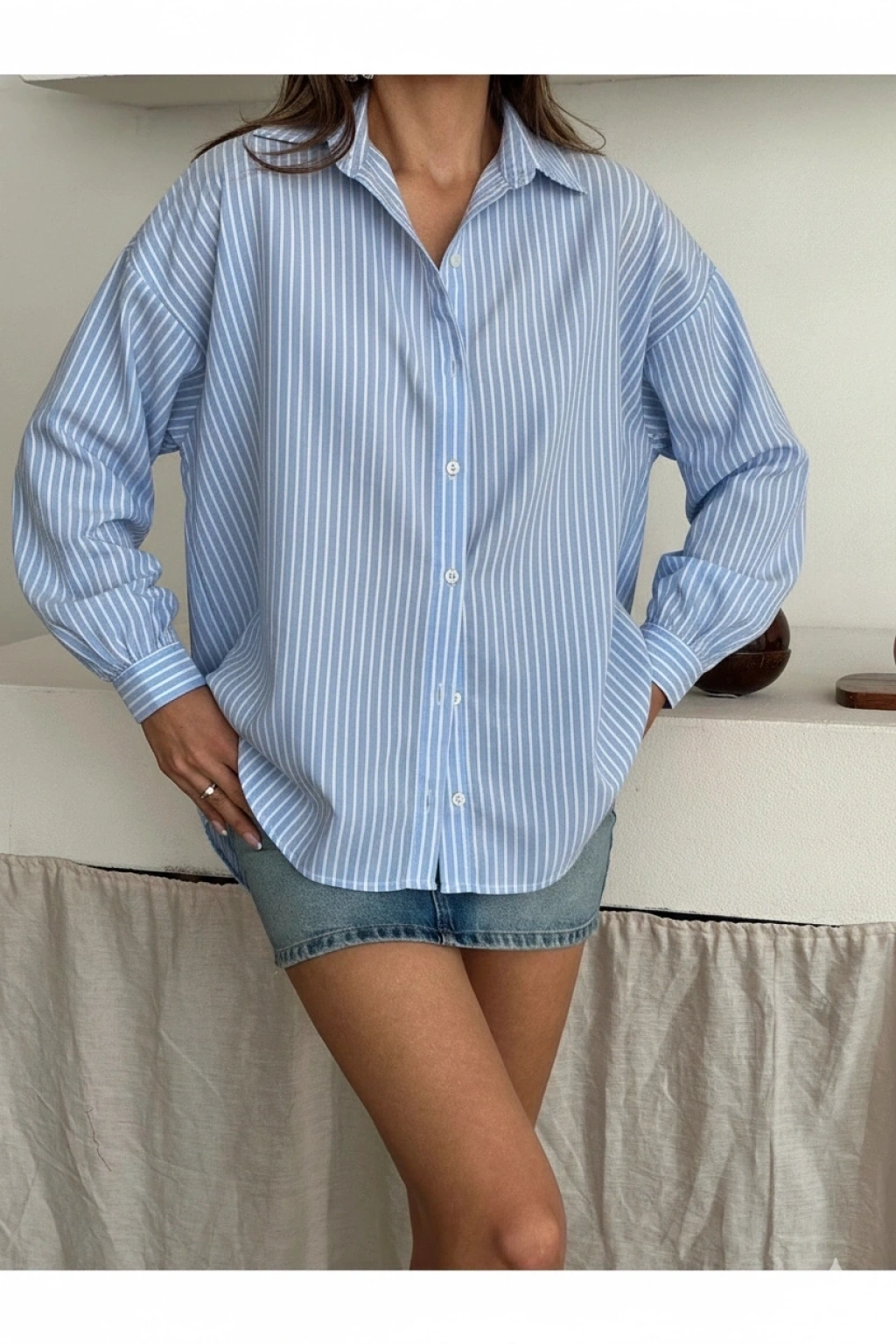 Kadın Bebe Mavisi Premium Kalite Çizgili Oversize Balon Kol Gömlek