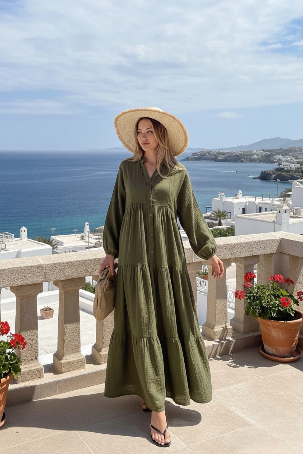 Kadın Haki Düğme Detaylı Rahat Kalıp Müslin Kumaş Premium Uzun Elbise