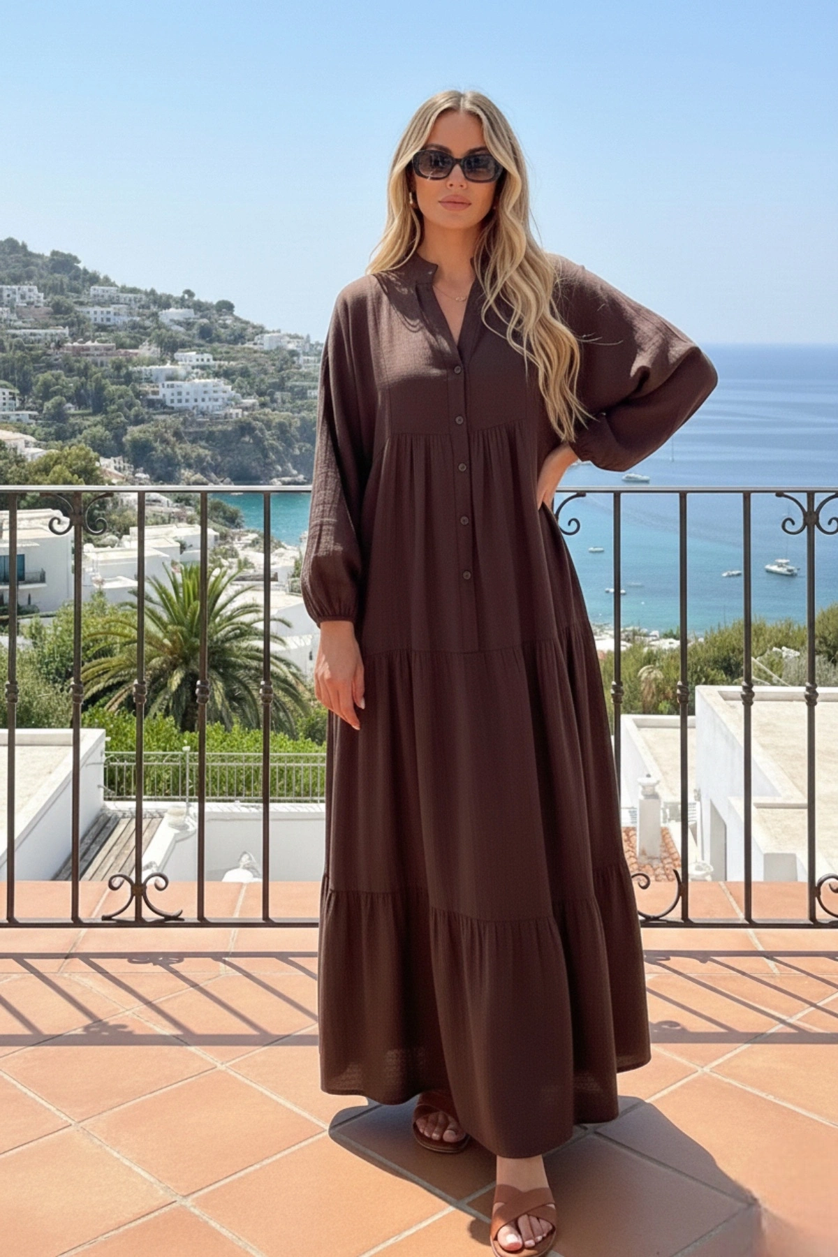 Kadın Acı Kahverengi Düğme Detaylı Rahat Kalıp Müslin Kumaş Premium Uzun Elbise