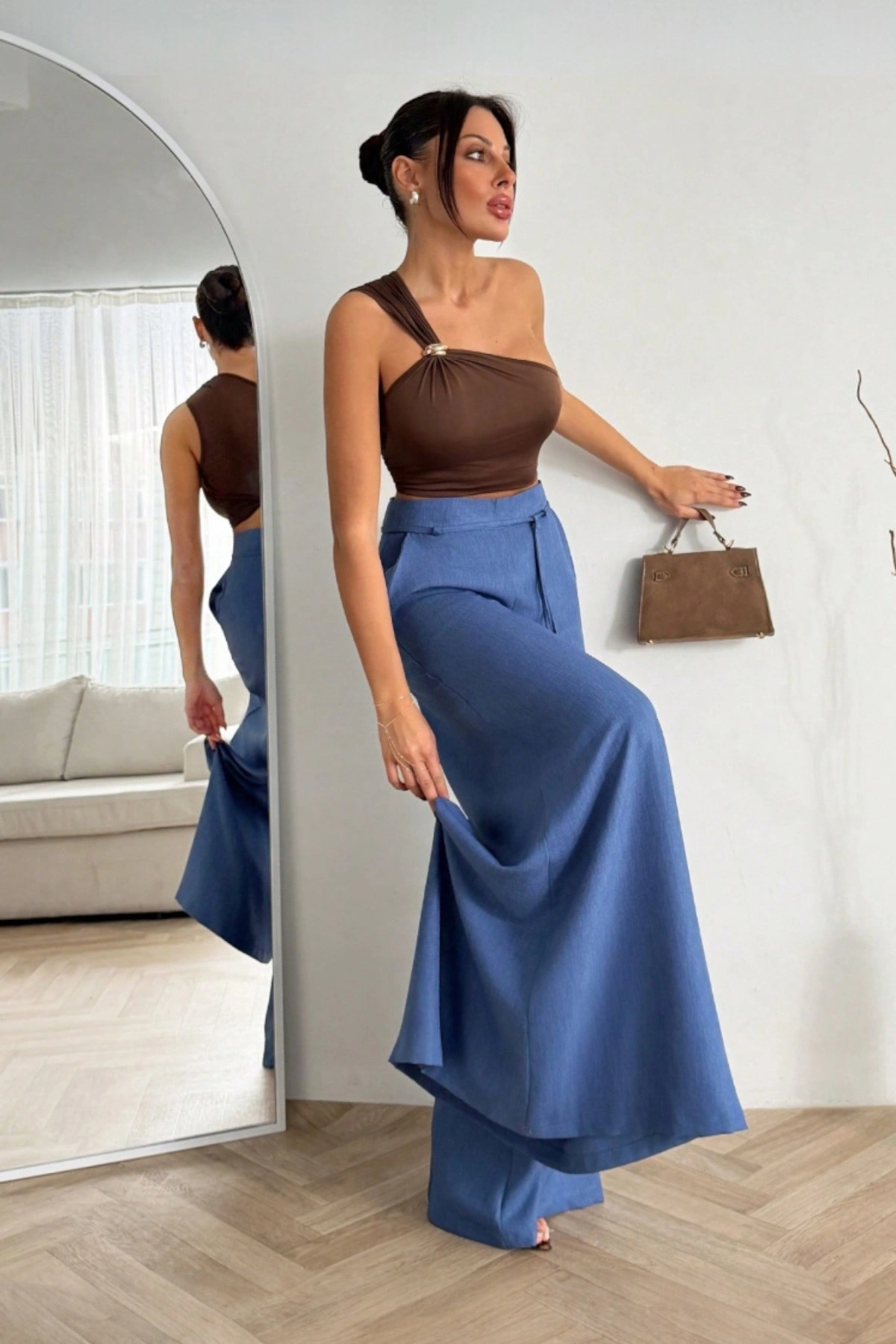 Kadın Mavi Bağcıklı Yüksek Bel Rahat Kesim Bol Paça Sofya Keten Pantolon