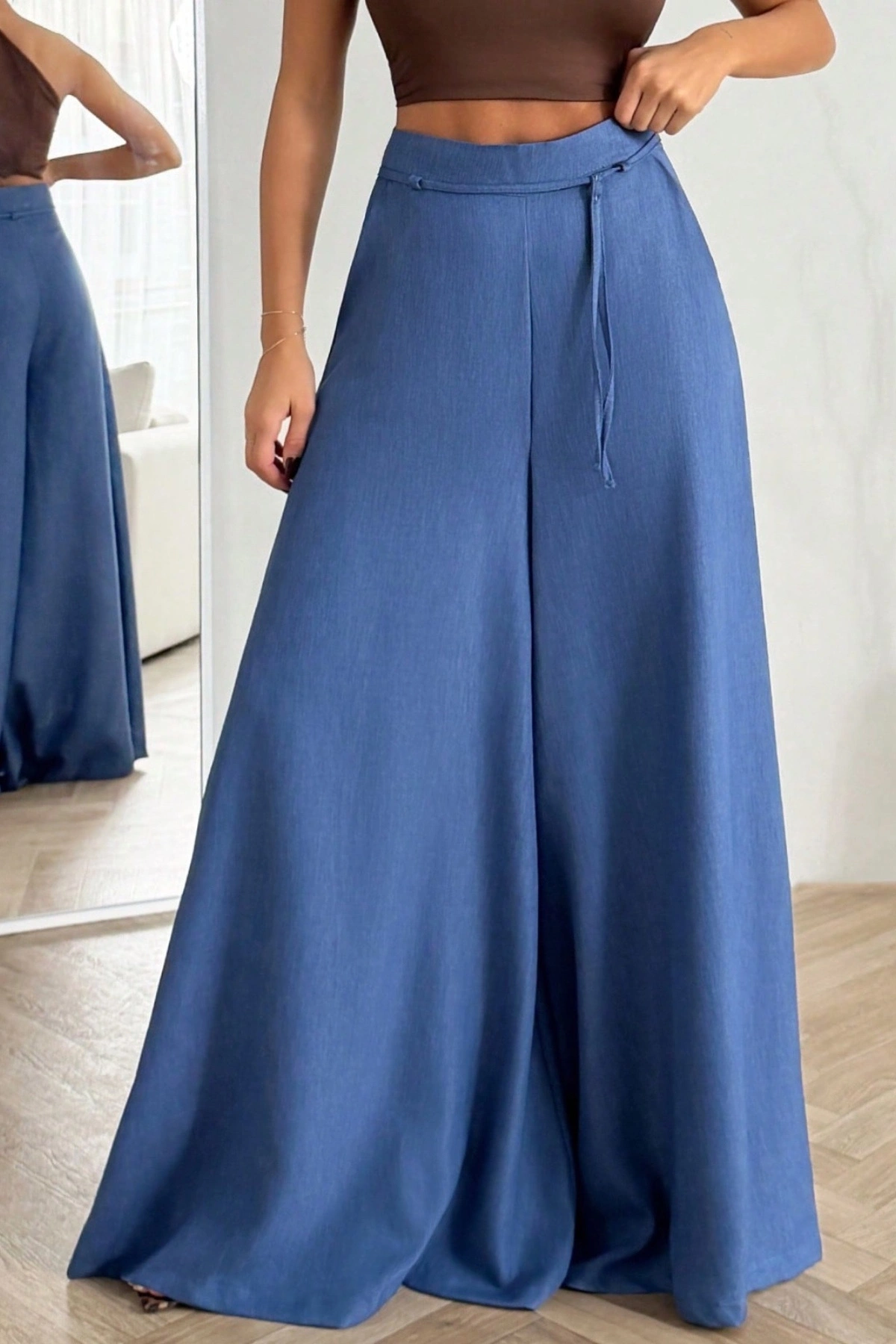 Kadın Mavi Bağcıklı Yüksek Bel Rahat Kesim Bol Paça Sofya Keten Pantolon
