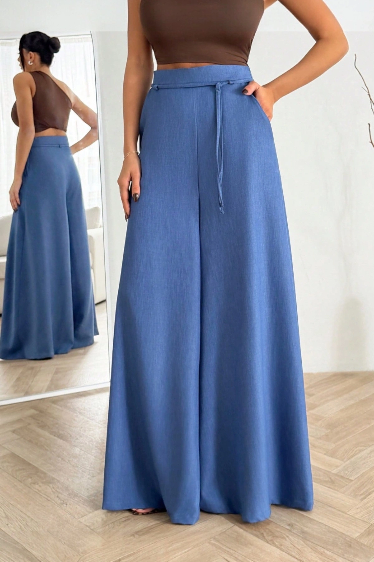 Kadın Mavi Bağcıklı Yüksek Bel Rahat Kesim Bol Paça Sofya Keten Pantolon