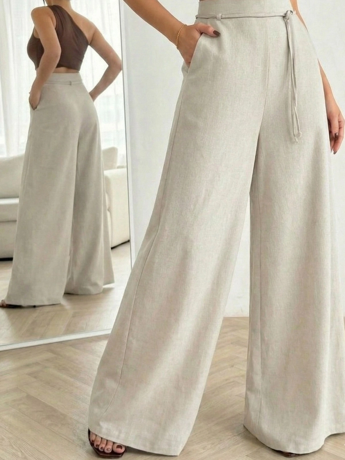 Kadın Taş Bağcıklı Yüksek Bel Rahat Kesim Bol Paça Sofya Keten Pantolon
