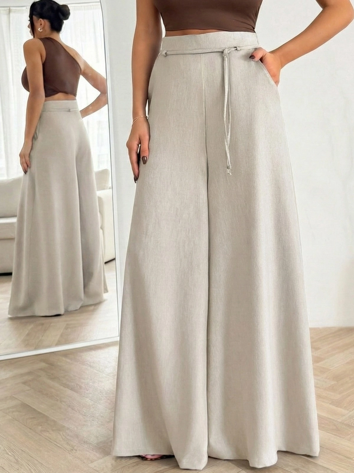 Kadın Taş Bağcıklı Yüksek Bel Rahat Kesim Bol Paça Sofya Keten Pantolon